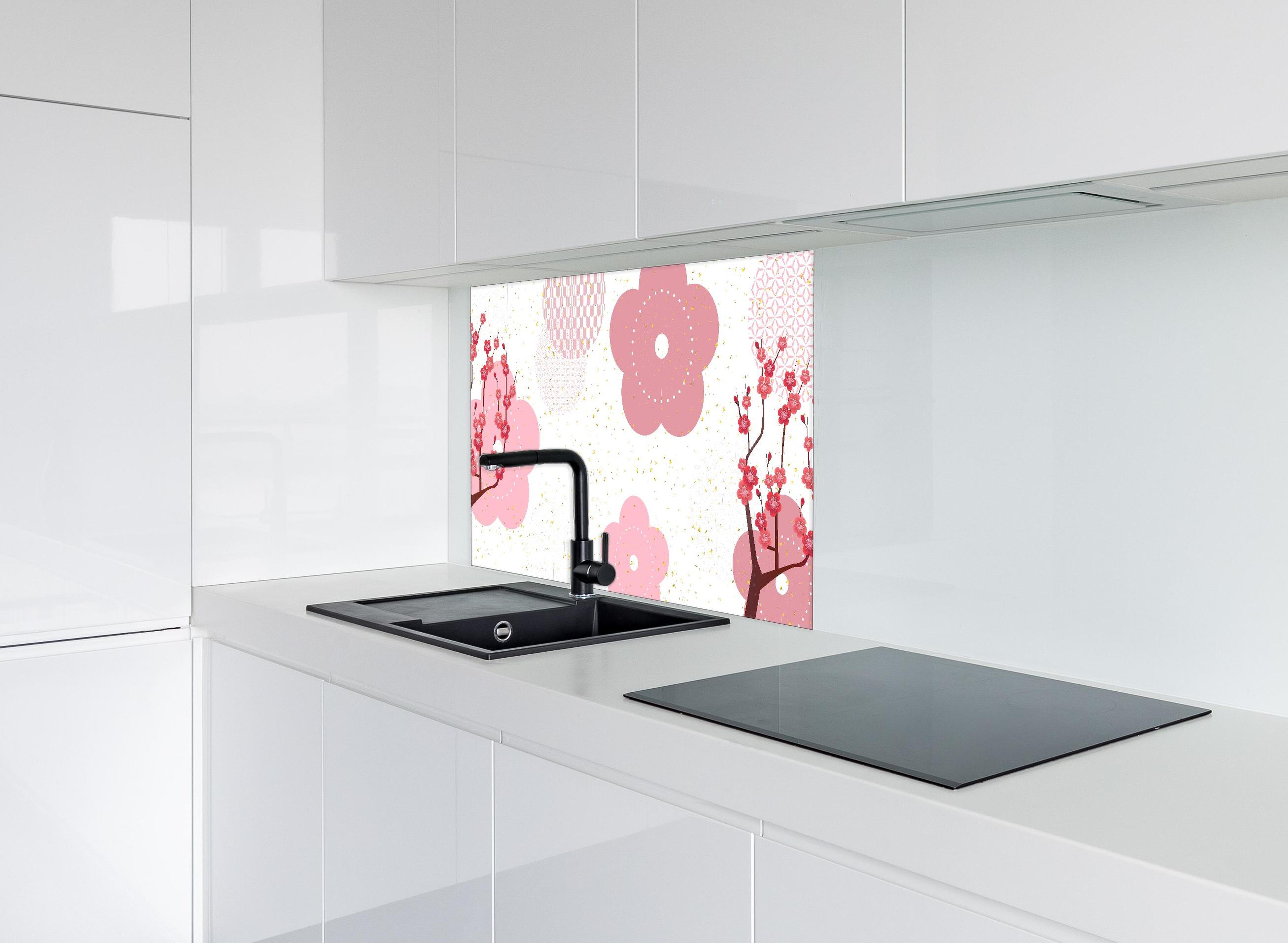 Spritzschutz - Frühlingshaftes Floral Muster in Rosa hinter einem Cerankochfeld zwischen Holz-Kochutensilien