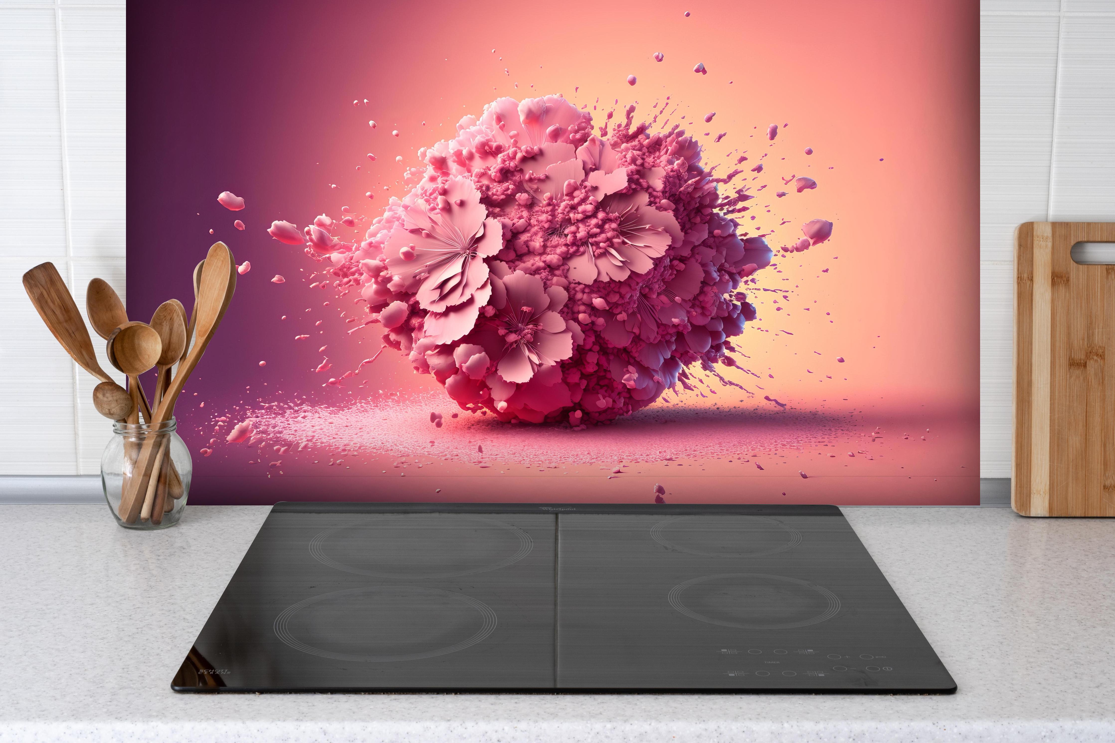 Spritzschutz - Frühlingshaftes Kirschblüten Explosionserlebnis hinter einem Cerankochfeld zwischen Holz-Kochutensilien