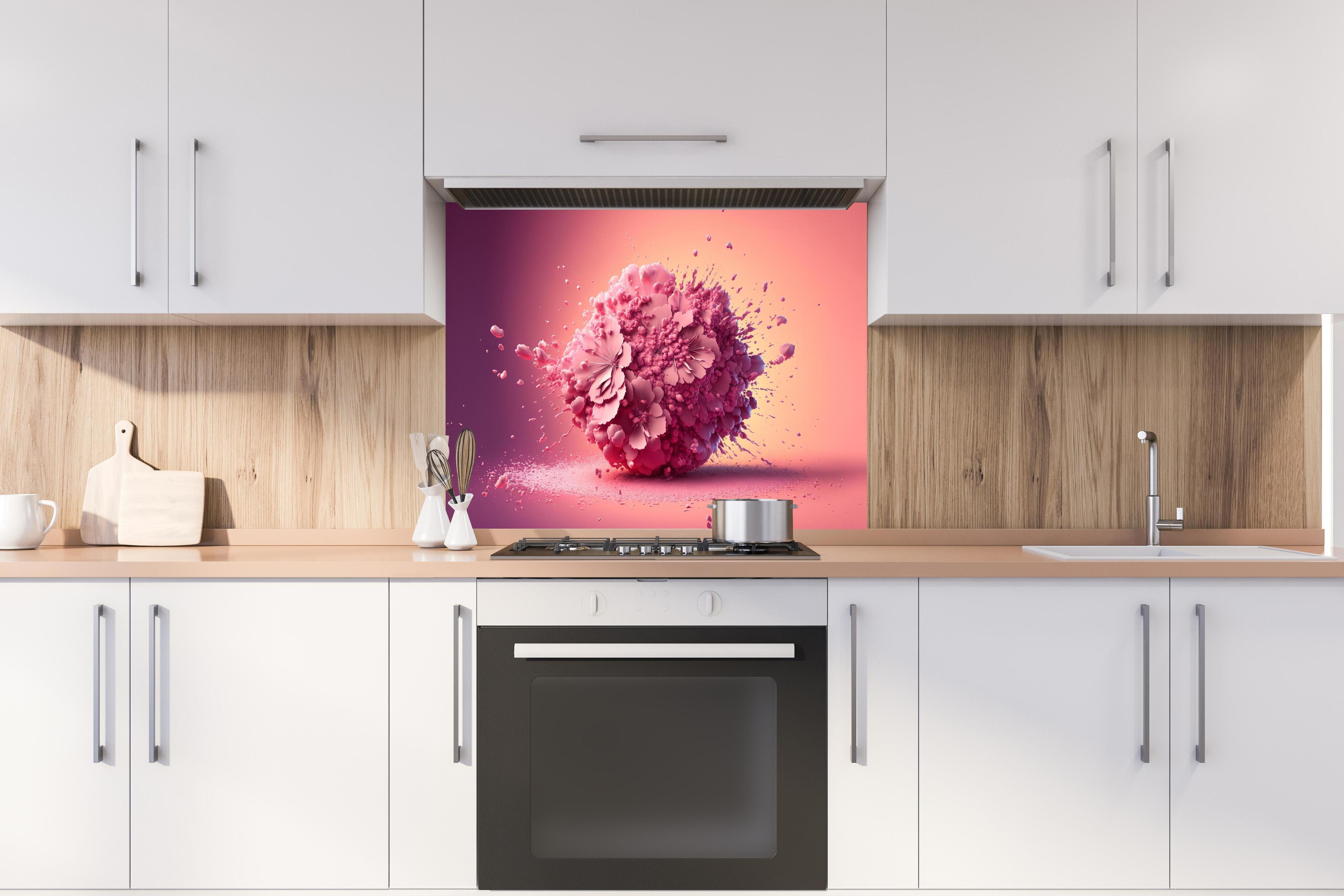 Spritzschutz - Frühlingshaftes Kirschblüten Explosionserlebnis hinter einem Cerankochfeld zwischen Holz-Kochutensilien