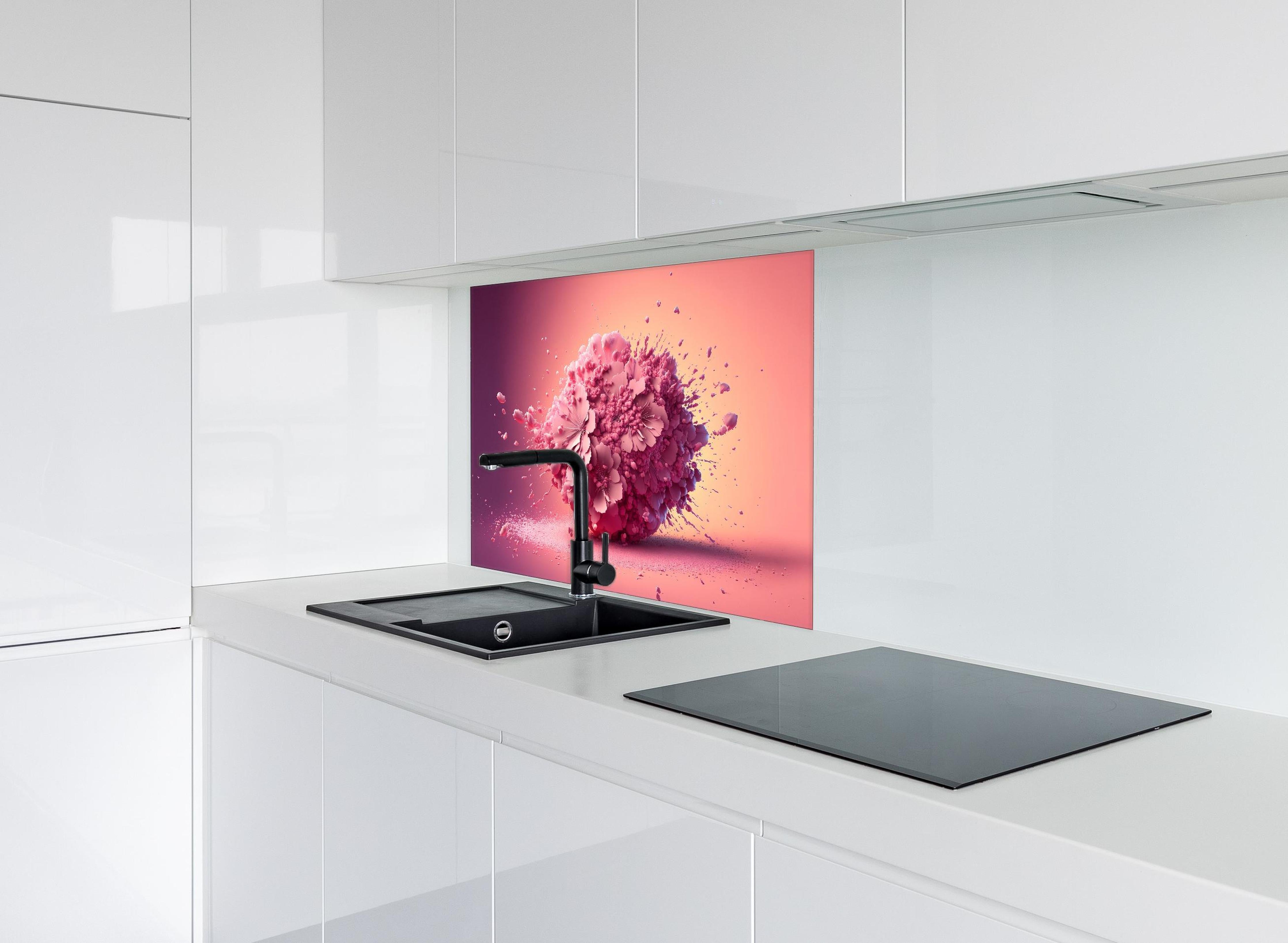 Spritzschutz - Frühlingshaftes Kirschblüten Explosionserlebnis hinter einem Cerankochfeld zwischen Holz-Kochutensilien