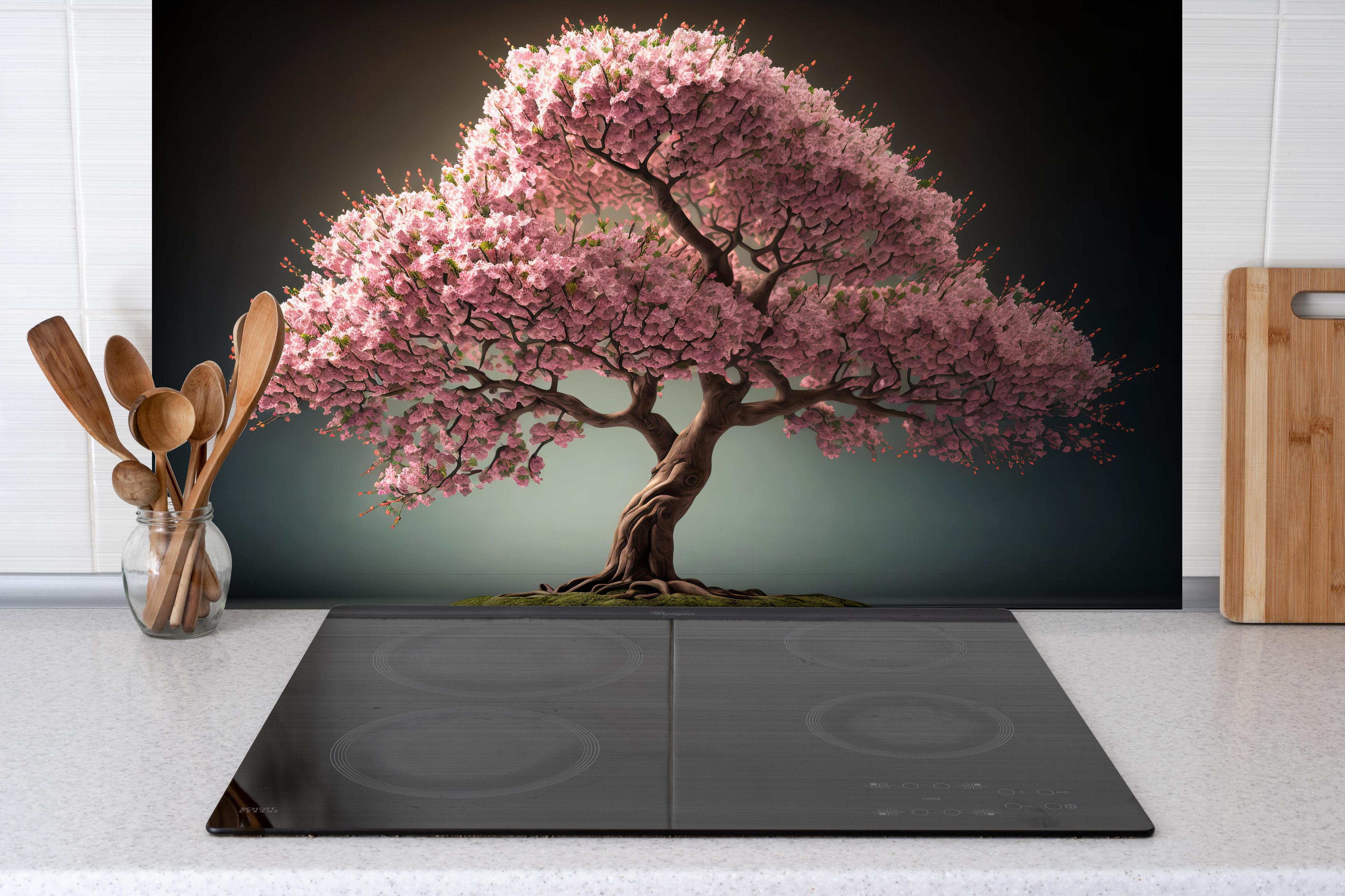 Spritzschutz - Frühlingszeit Kirschblüte Sakura Baum - KI generiert hinter einem Cerankochfeld zwischen Holz-Kochutensilien