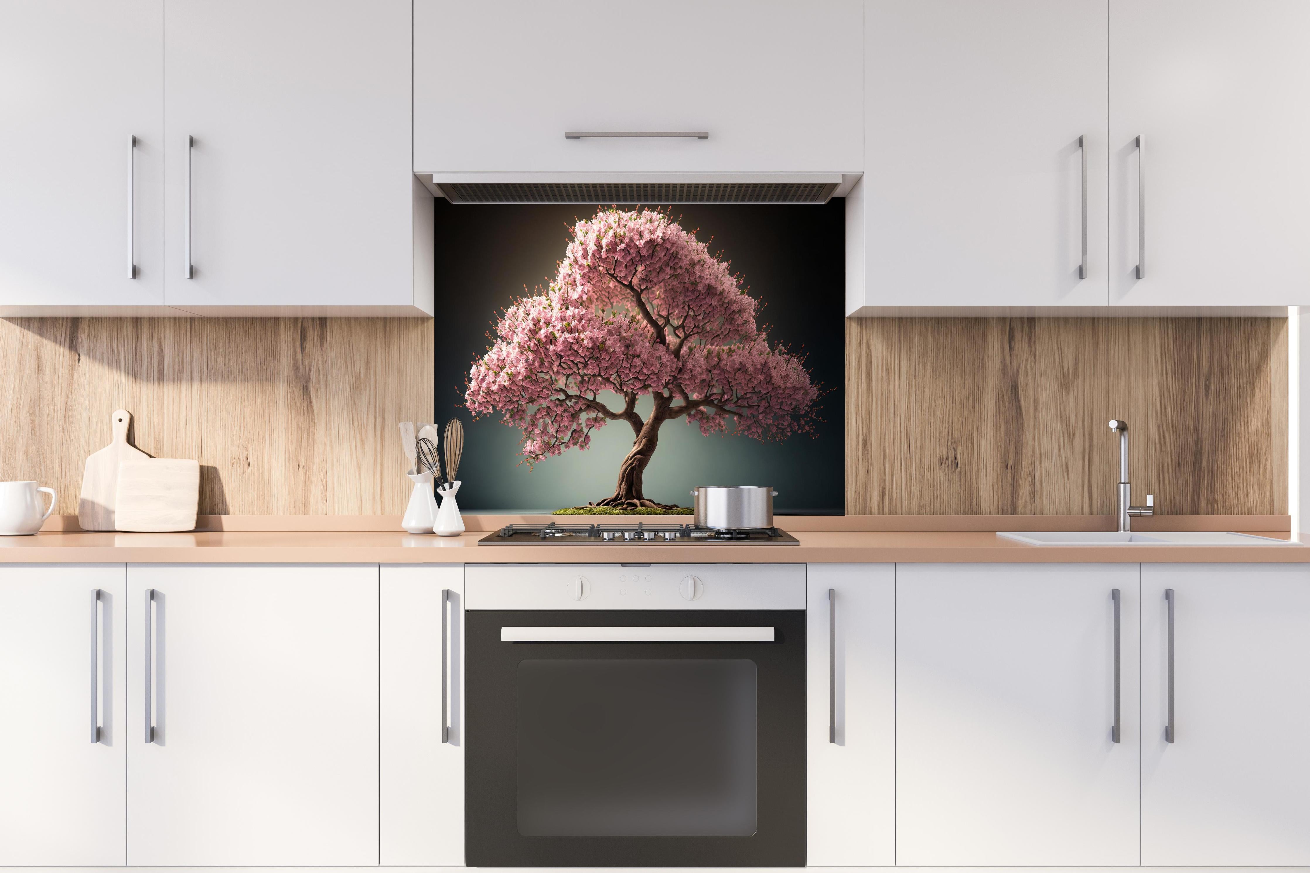 Spritzschutz - Frühlingszeit Kirschblüte Sakura Baum - KI generiert hinter einem Cerankochfeld zwischen Holz-Kochutensilien