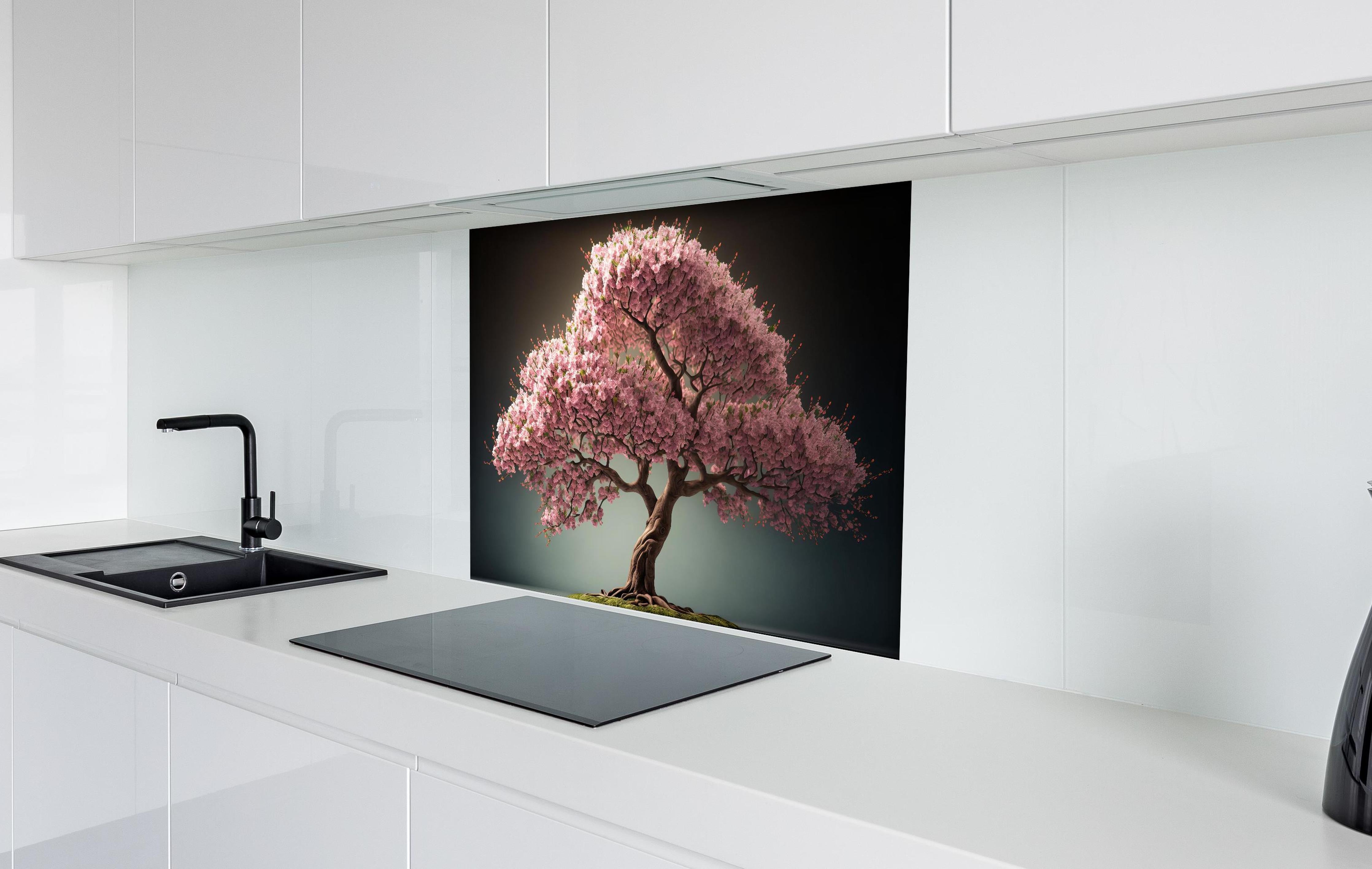 Spritzschutz - Frühlingszeit Kirschblüte Sakura Baum - KI generiert hinter einem Cerankochfeld zwischen Holz-Kochutensilien