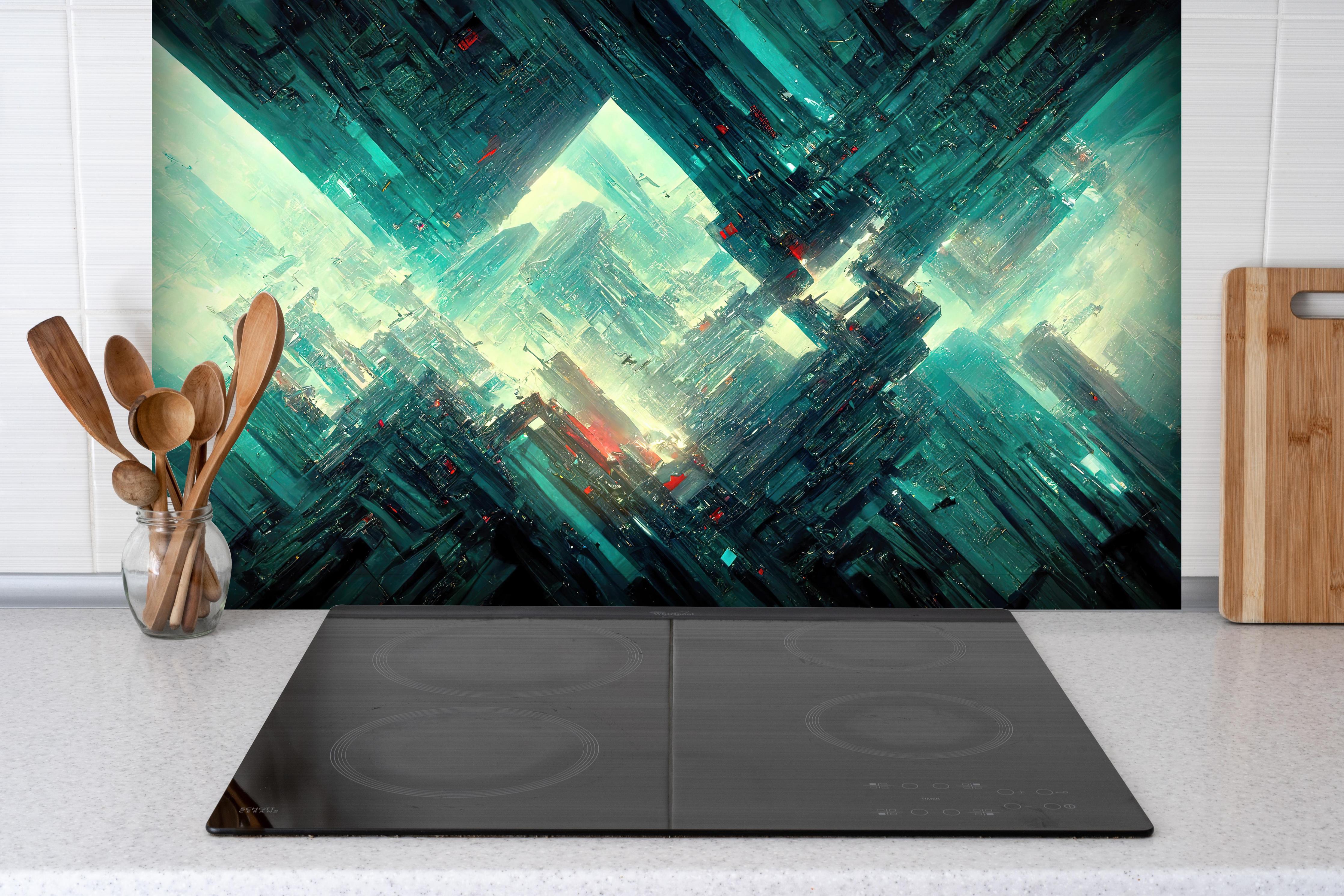 Spritzschutz - Futuristische Cyberpunk-Stadt Hintergrund hinter einem Cerankochfeld zwischen Holz-Kochutensilien