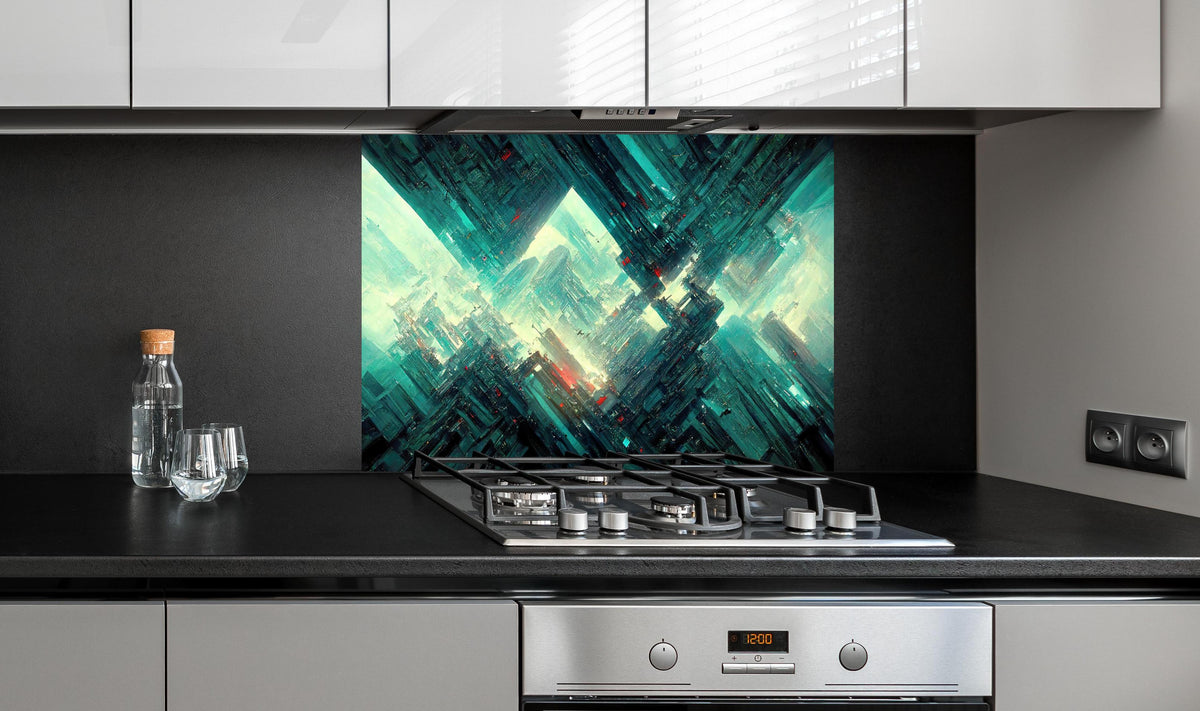 Spritzschutz - Futuristische Cyberpunk-Stadt Hintergrund hinter einem Cerankochfeld zwischen Holz-Kochutensilien