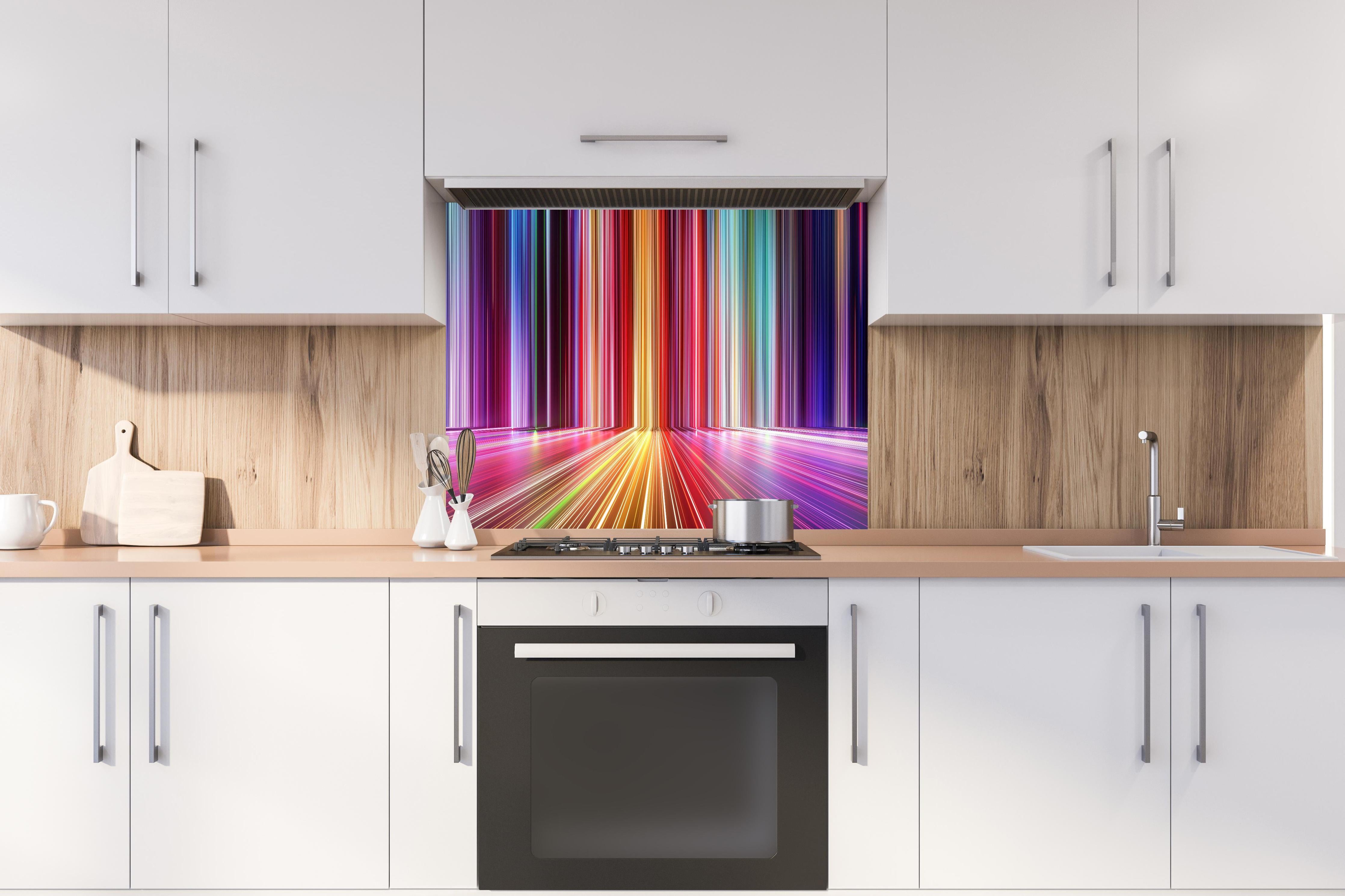 Spritzschutz - Futuristische Farben - 3D Render hinter einem Cerankochfeld zwischen Holz-Kochutensilien