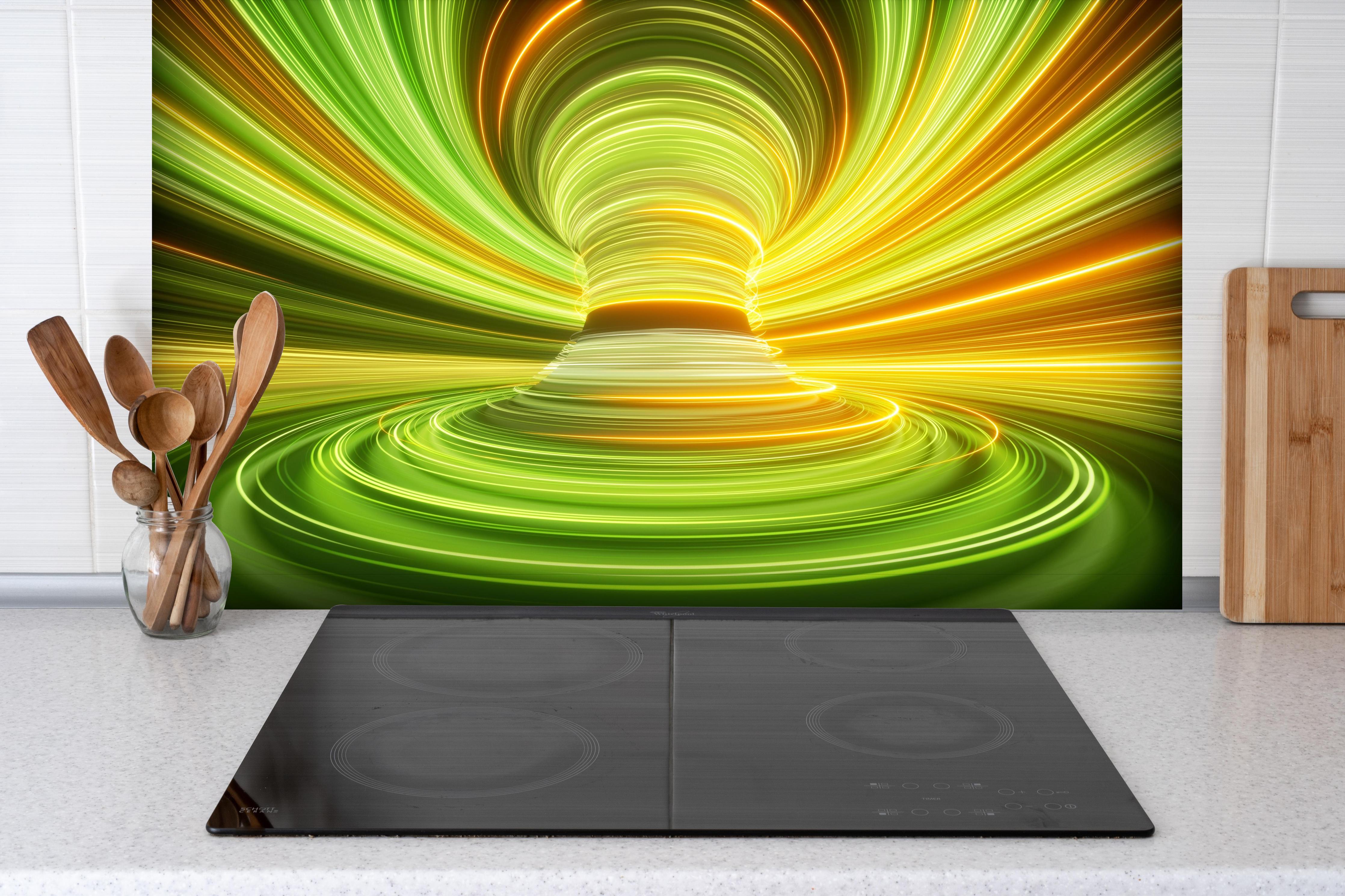 Spritzschutz - Futuristisches Muster - Neon hinter einem Cerankochfeld zwischen Holz-Kochutensilien