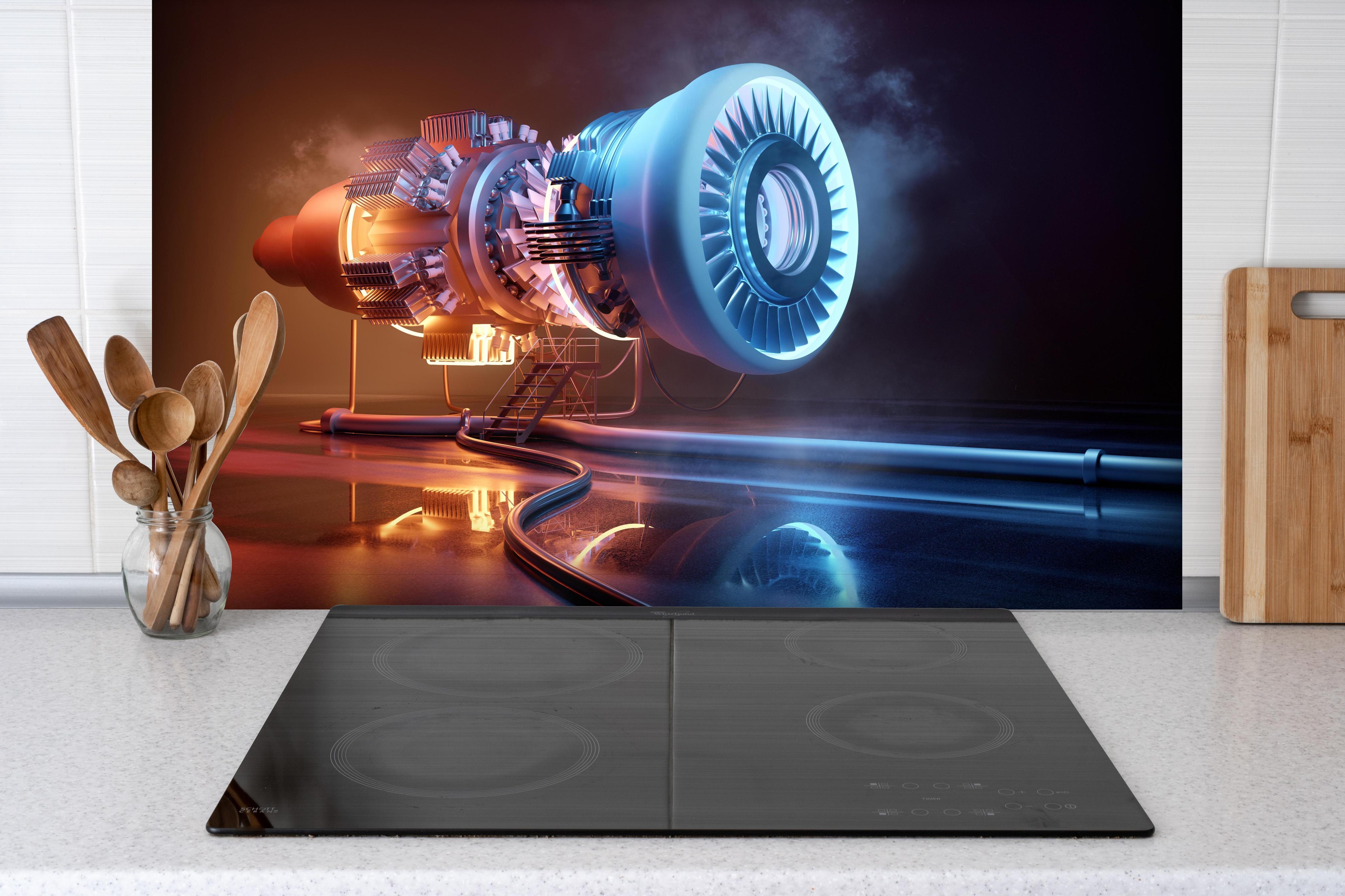 Spritzschutz - Futuristisches Triebwerkskonzept hinter einem Cerankochfeld zwischen Holz-Kochutensilien