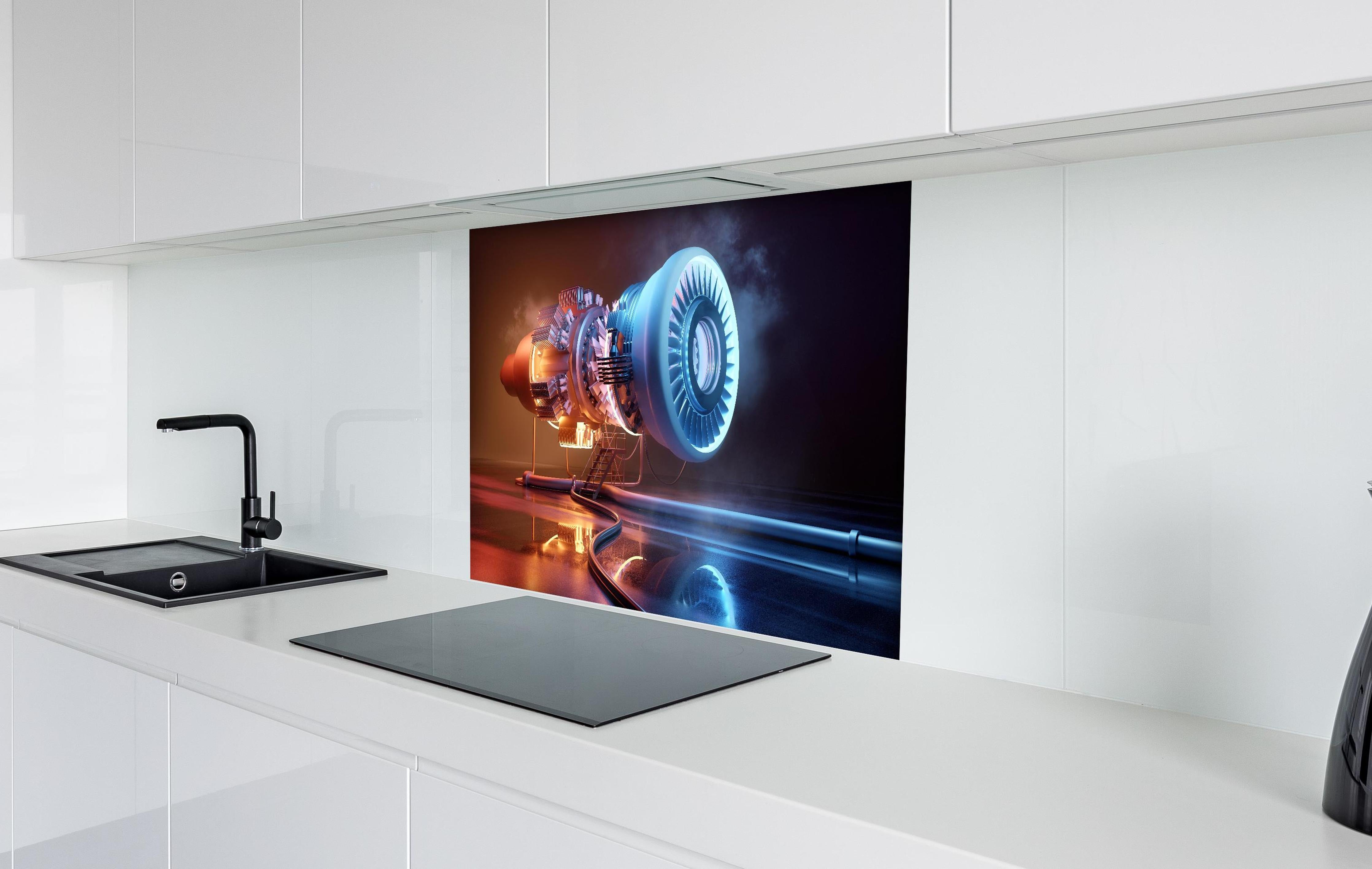 Spritzschutz - Futuristisches Triebwerkskonzept hinter einem Cerankochfeld zwischen Holz-Kochutensilien