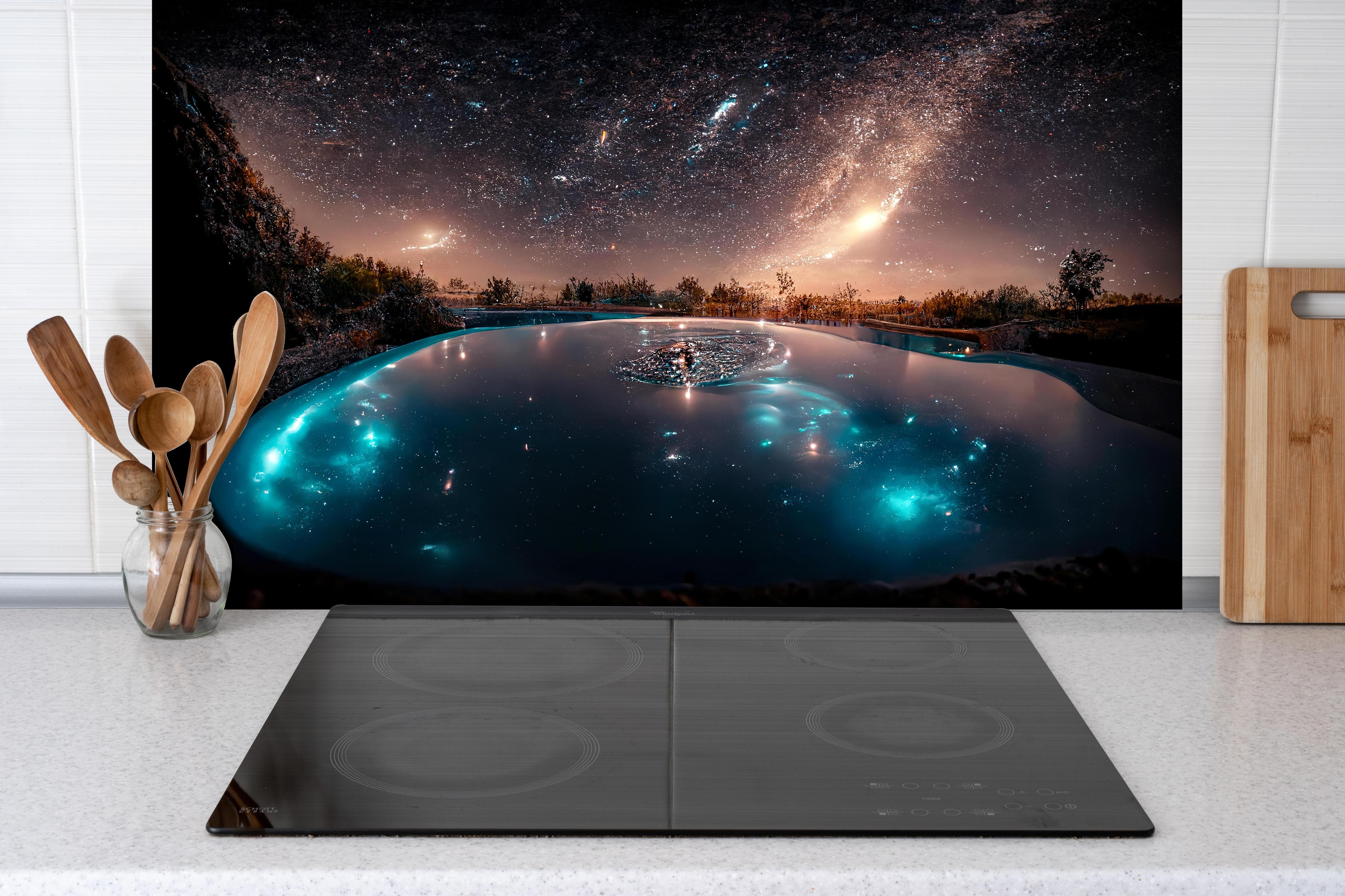 Spritzschutz - Galaktische Nacht Reflexion im See hinter einem Cerankochfeld zwischen Holz-Kochutensilien