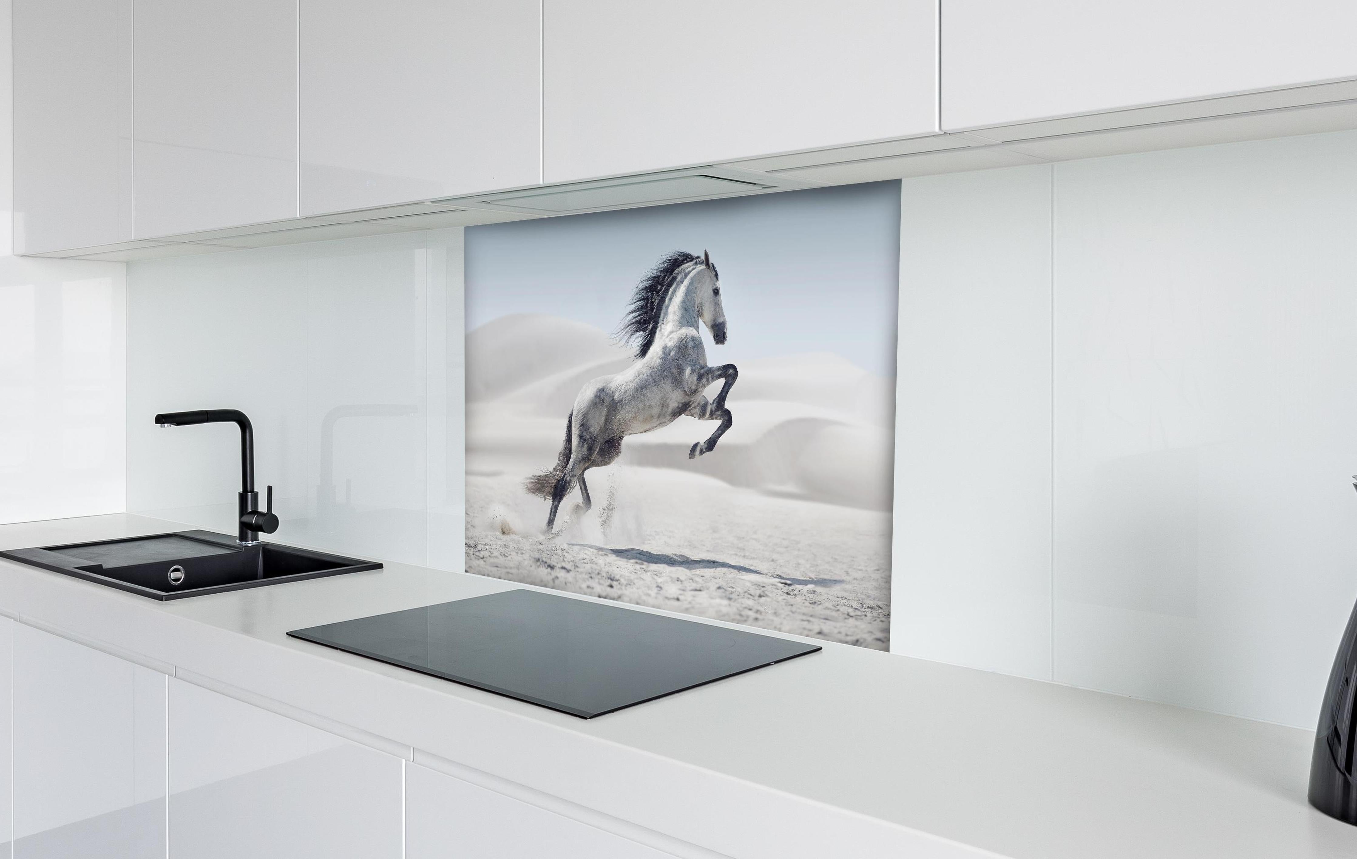 Spritzschutz - Galoppierendes weißes Pferd hinter einem Cerankochfeld zwischen Holz-Kochutensilien