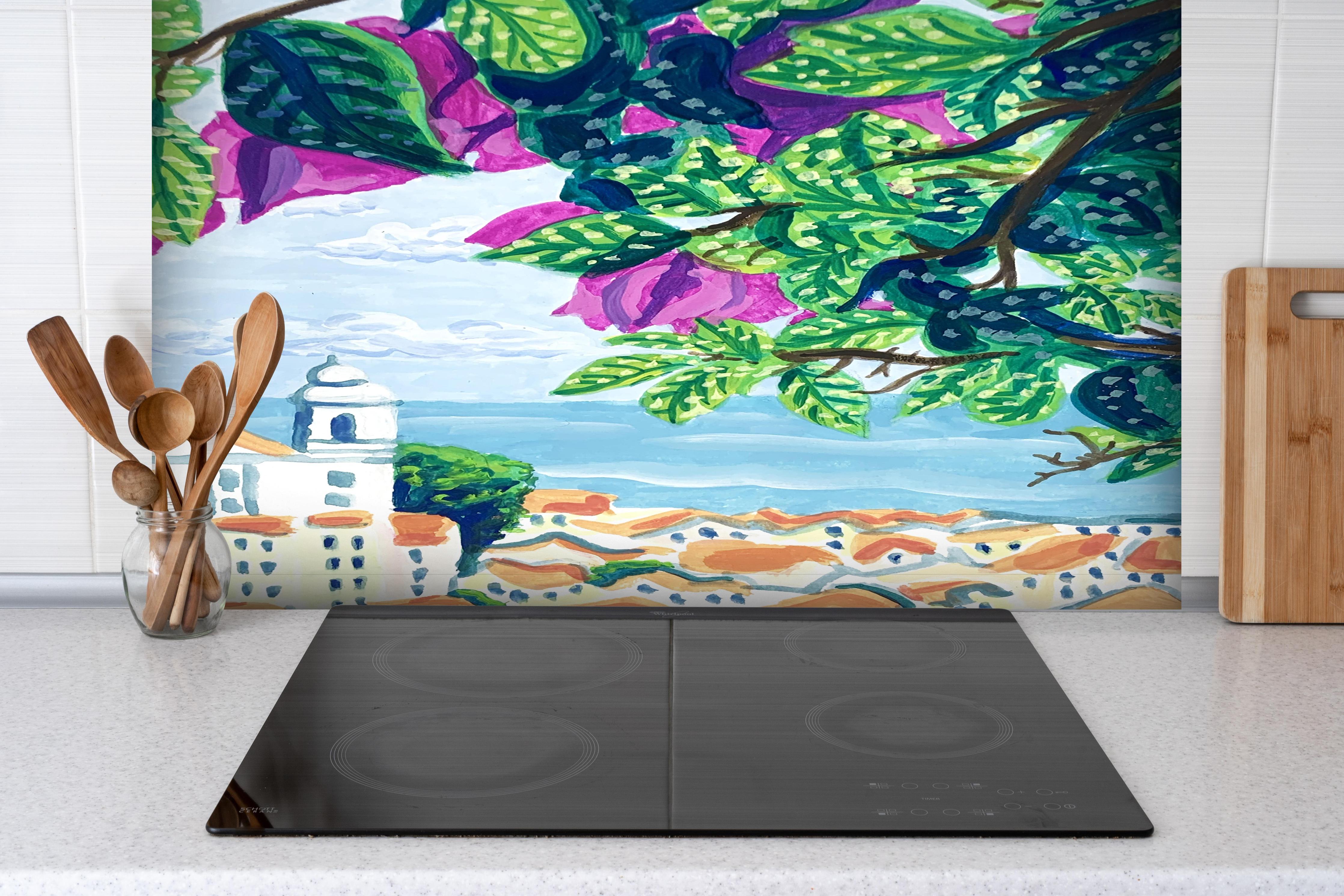 Spritzschutz - Gemälde von Lissabon hinter einem Cerankochfeld zwischen Holz-Kochutensilien