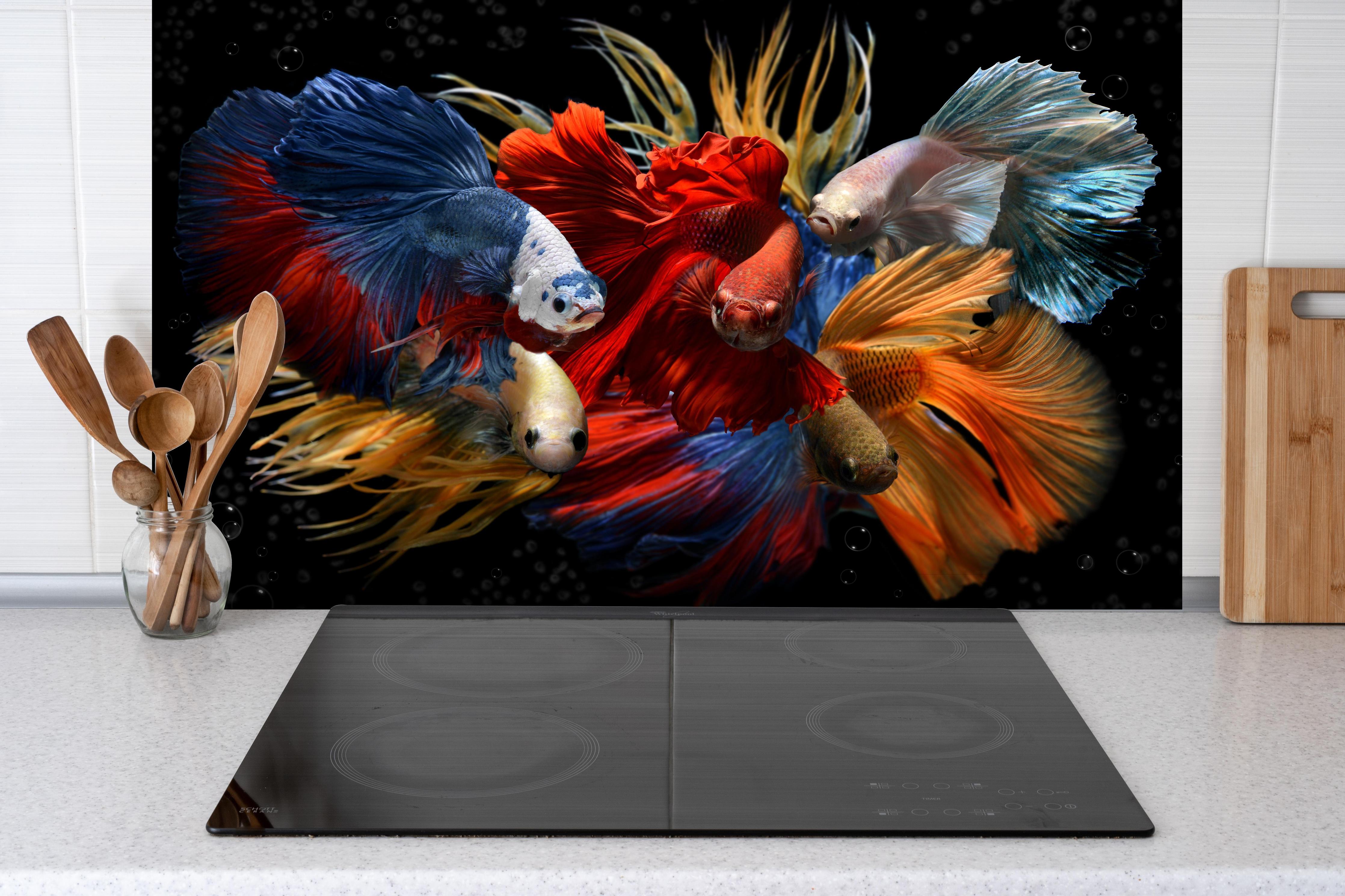 Spritzschutz - Gemischte bunte Fantasie betta hinter einem Cerankochfeld zwischen Holz-Kochutensilien