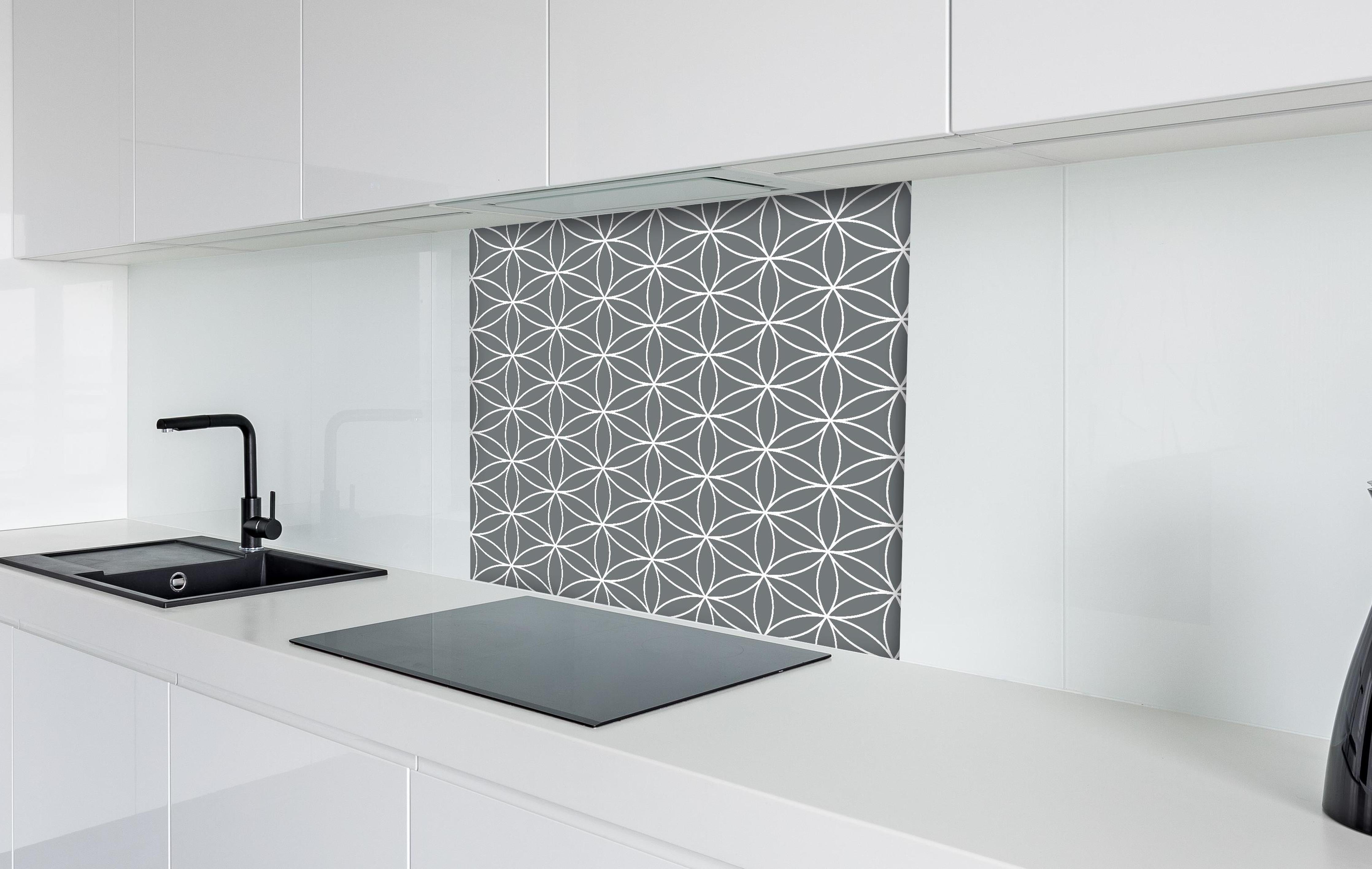Spritzschutz - Geometrica Fiori Piombo hinter einem Cerankochfeld zwischen Holz-Kochutensilien