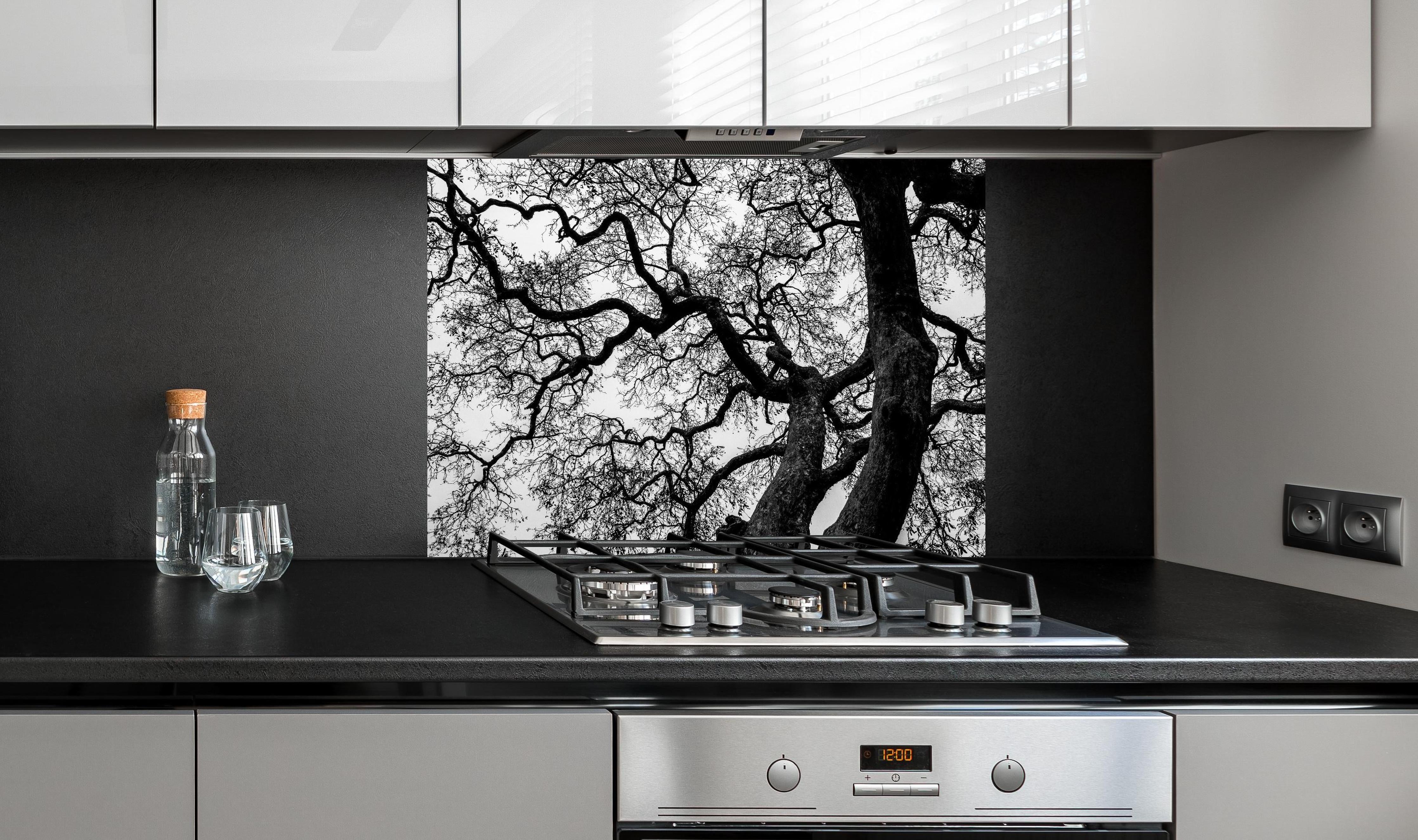 Spritzschutz - Geometrische Baumäste Monochrom Kunst hinter einem Cerankochfeld zwischen Holz-Kochutensilien