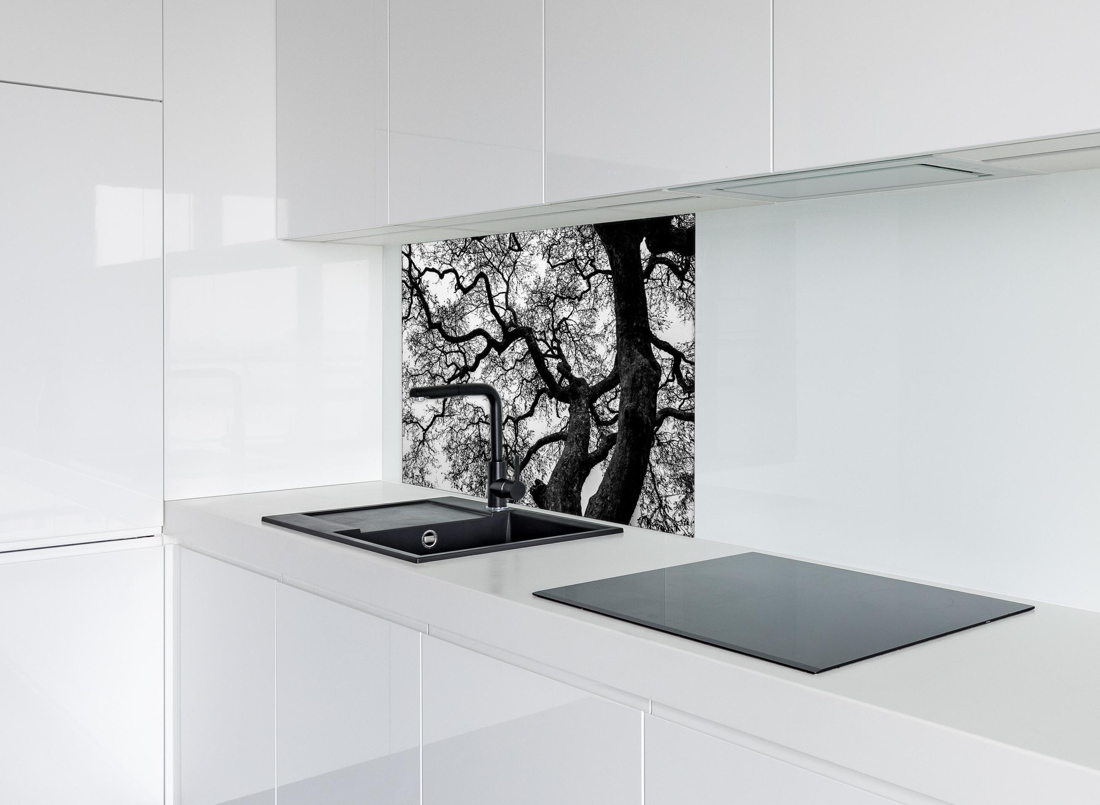 Spritzschutz - Geometrische Baumäste Monochrom Kunst hinter einem Cerankochfeld zwischen Holz-Kochutensilien