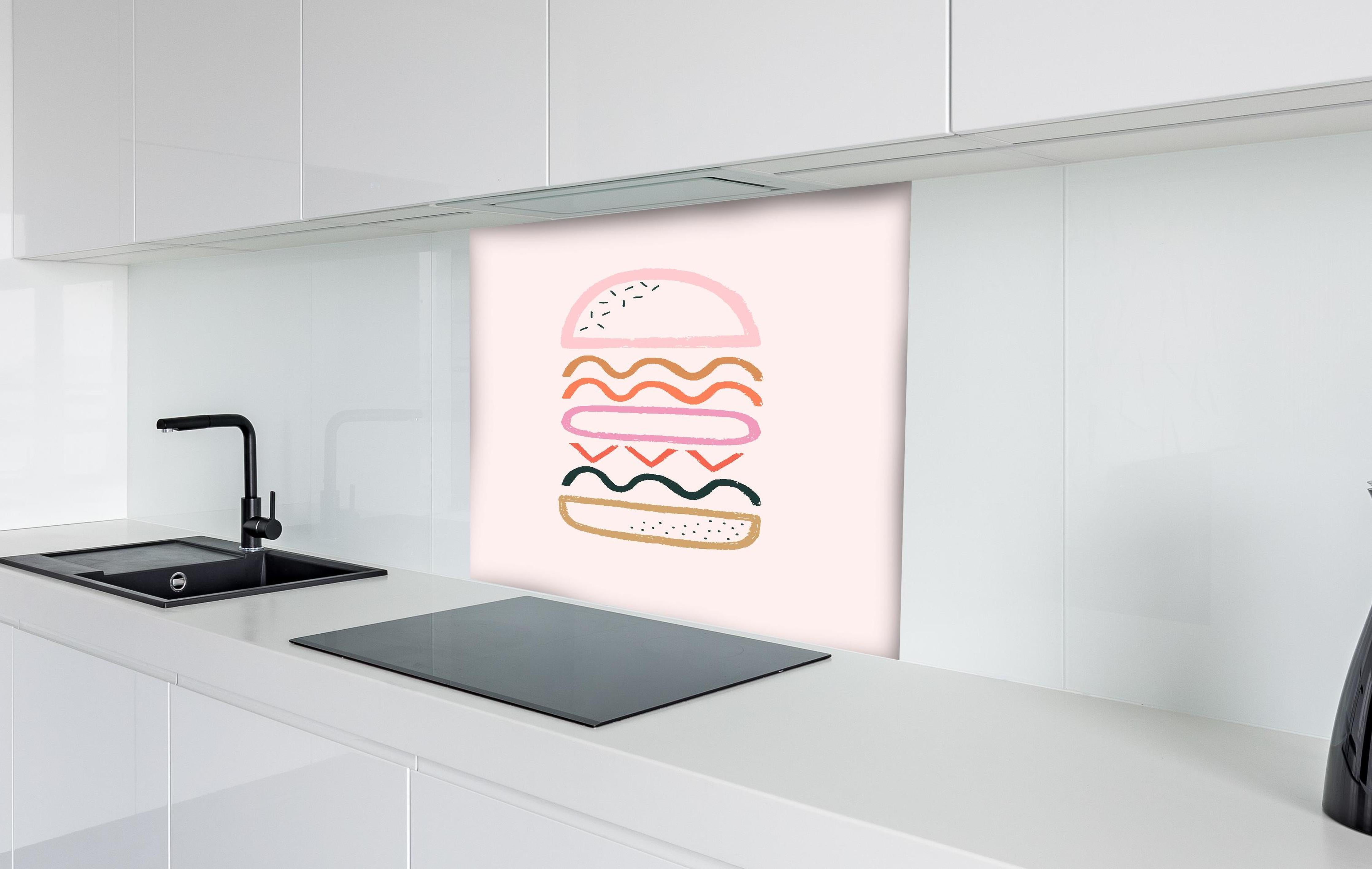 Spritzschutz - Geometrischer Hamburger in Pastellfarben Illustration hinter einem Cerankochfeld zwischen Holz-Kochutensilien