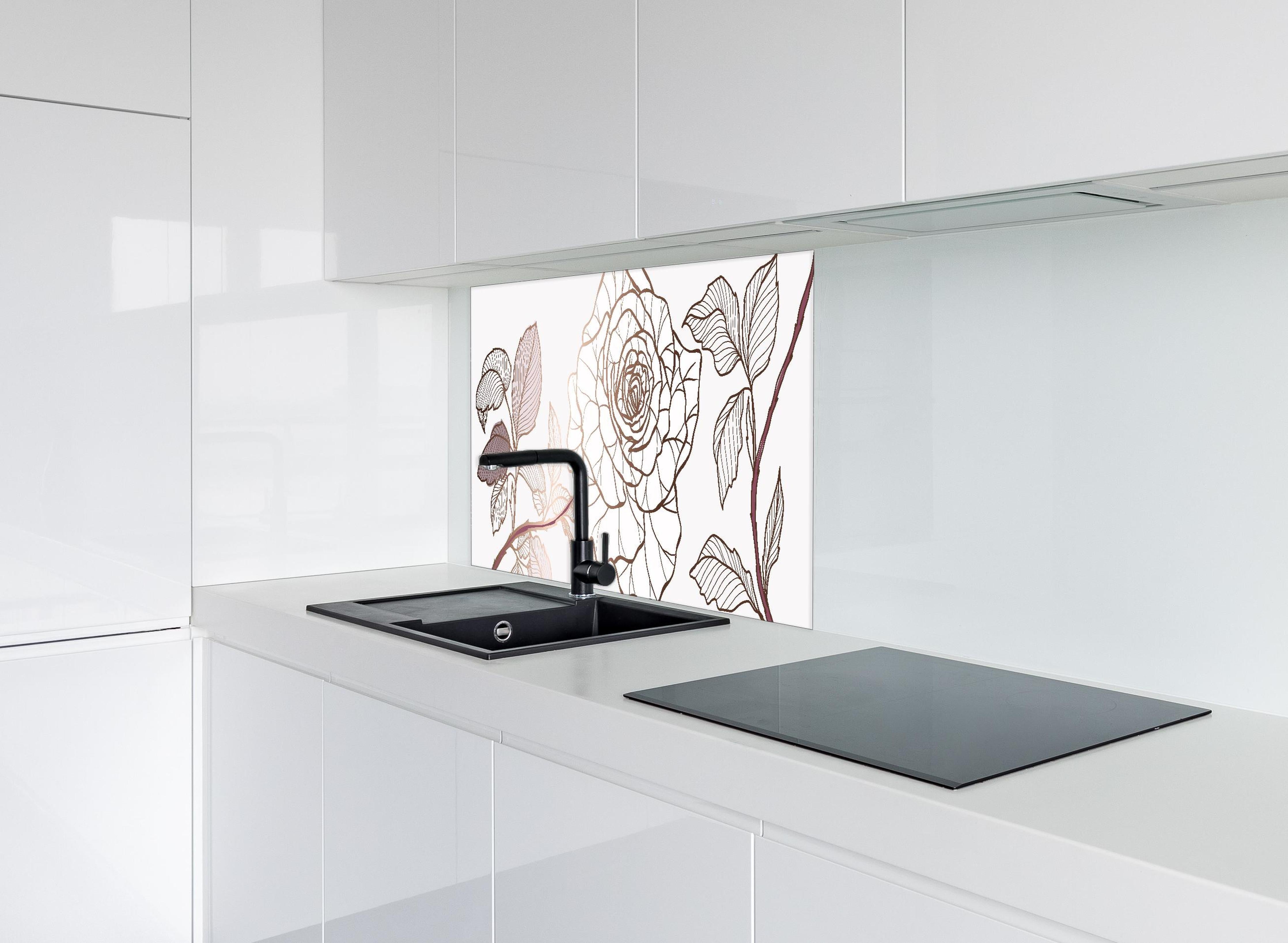 Spritzschutz - Gezeichnete Sepia Rose mit Linienkunst hinter einem Cerankochfeld zwischen Holz-Kochutensilien