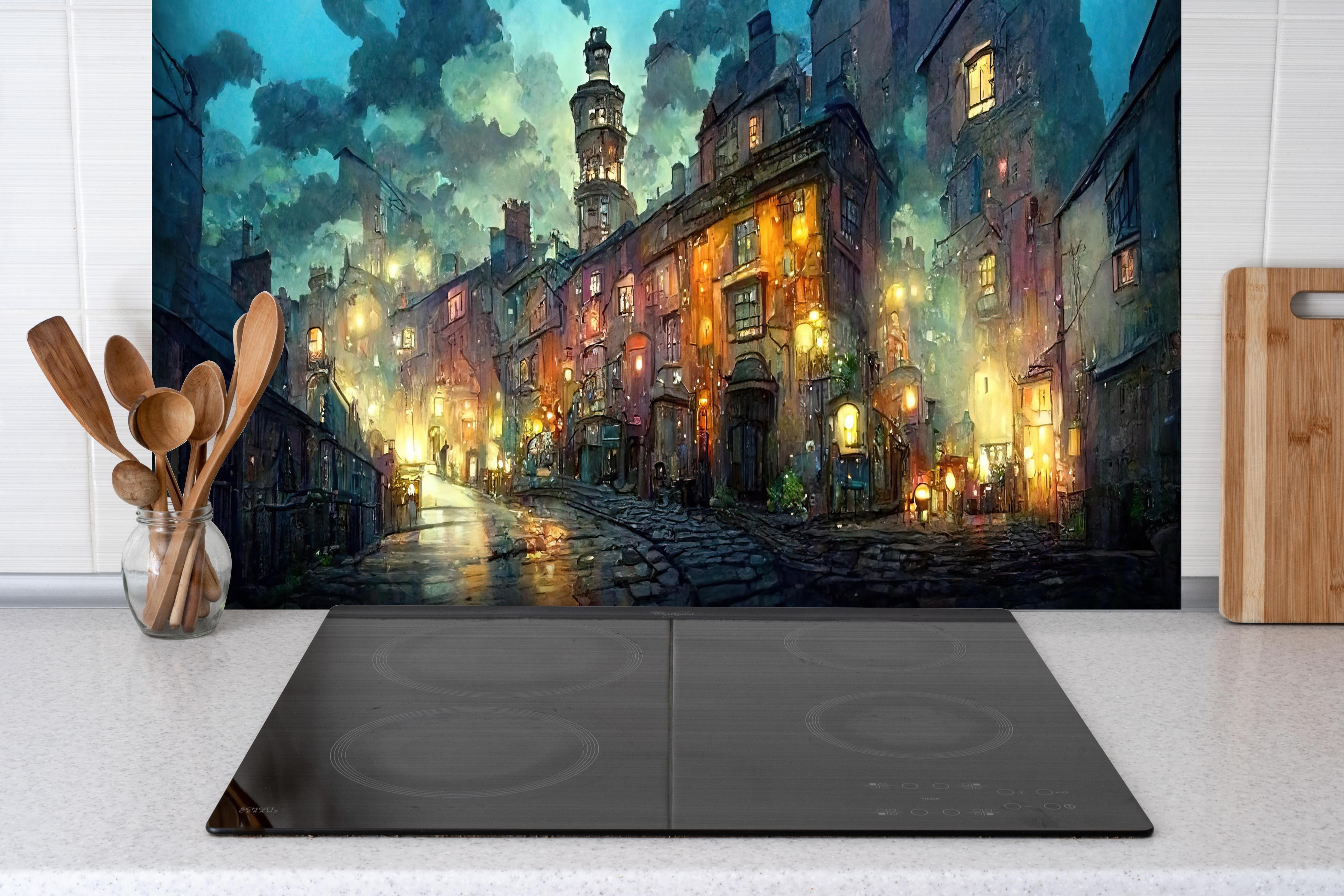 Spritzschutz - Gezeichnete Stadt hinter einem Cerankochfeld zwischen Holz-Kochutensilien