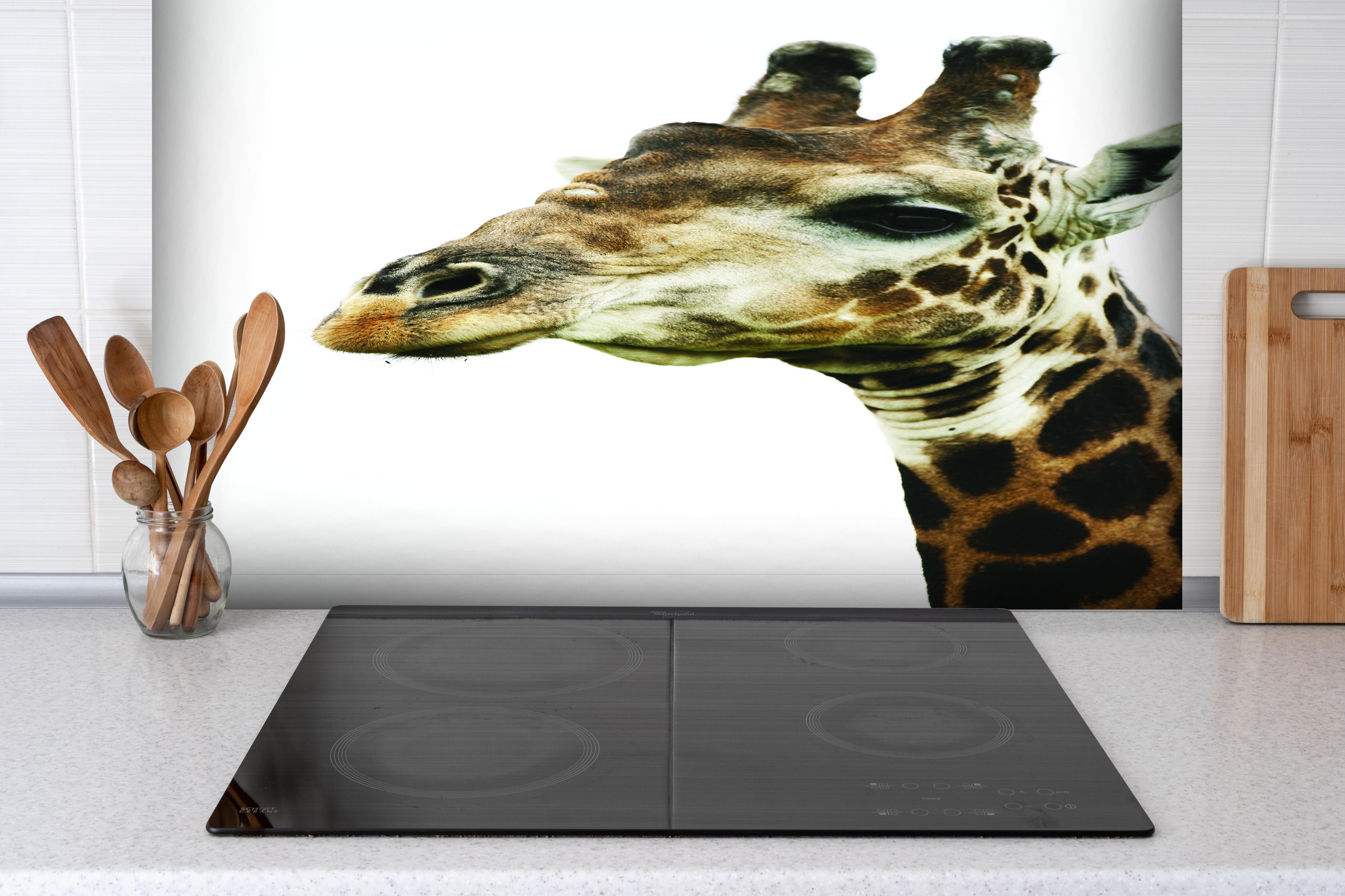 Spritzschutz - Giraffe - Nahaufnahme hinter einem Cerankochfeld zwischen Holz-Kochutensilien
