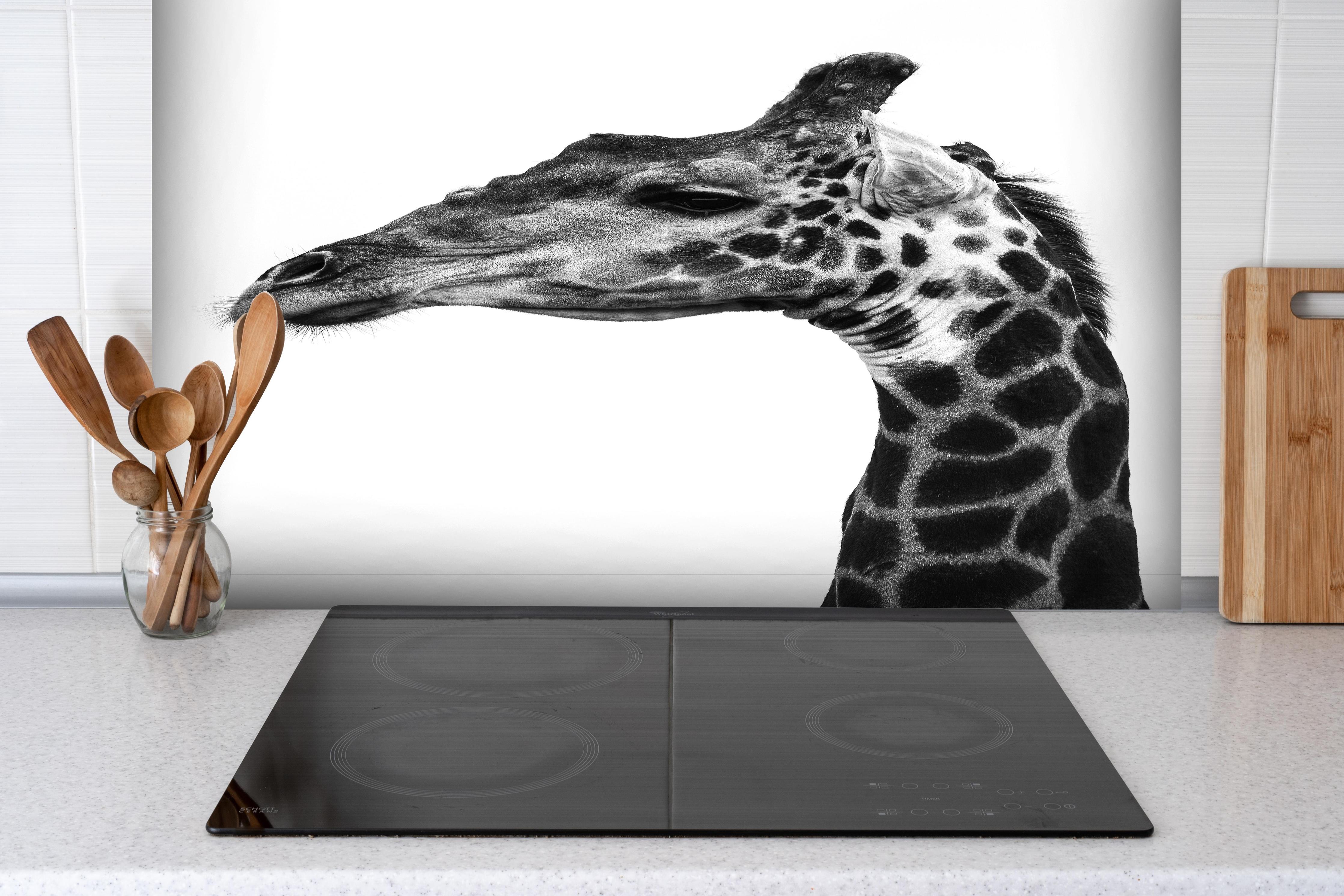 Spritzschutz - Giraffe - schwarz-weiß hinter einem Cerankochfeld zwischen Holz-Kochutensilien