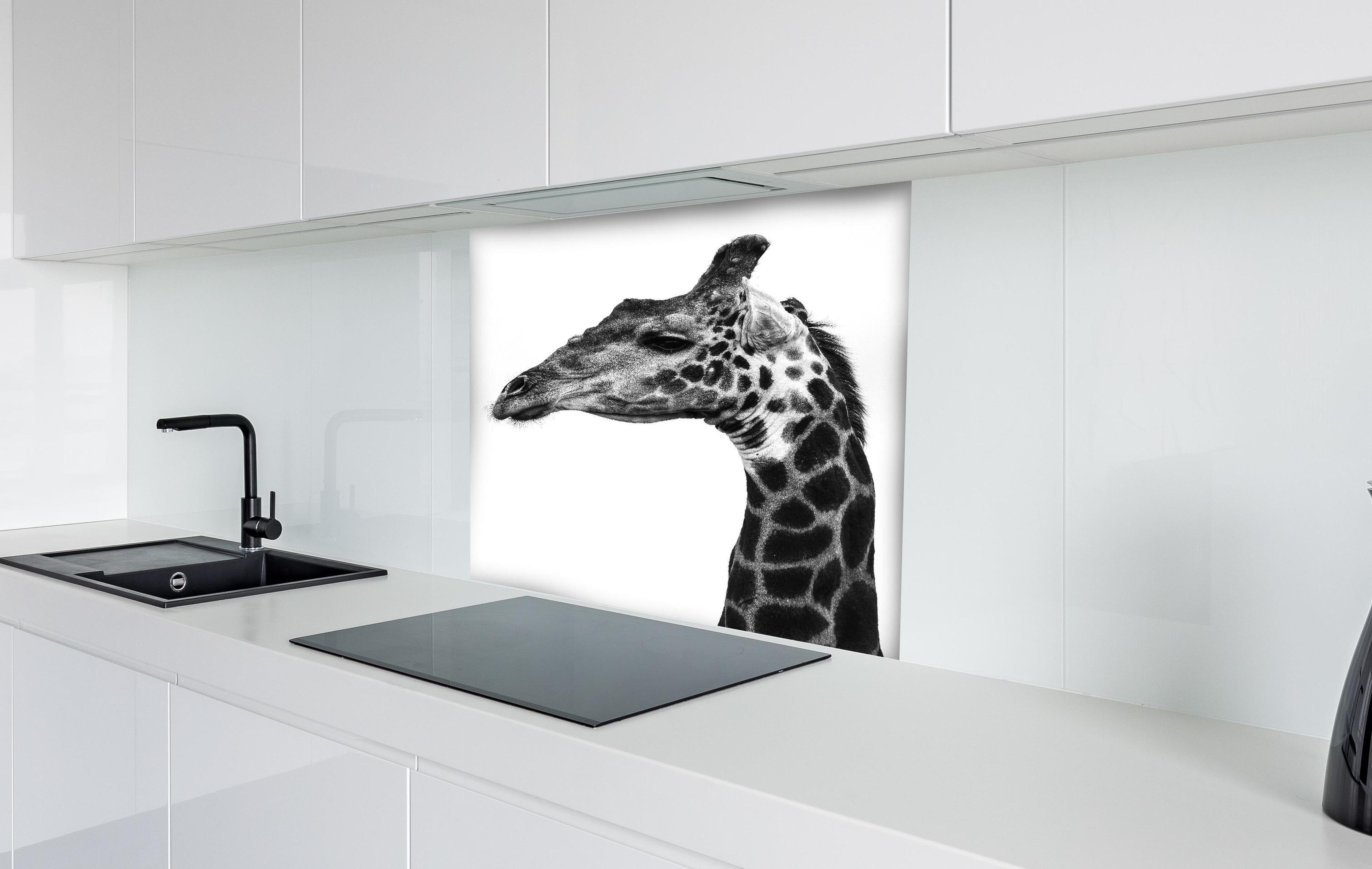 Spritzschutz - Giraffe - schwarz-weiß hinter einem Cerankochfeld zwischen Holz-Kochutensilien