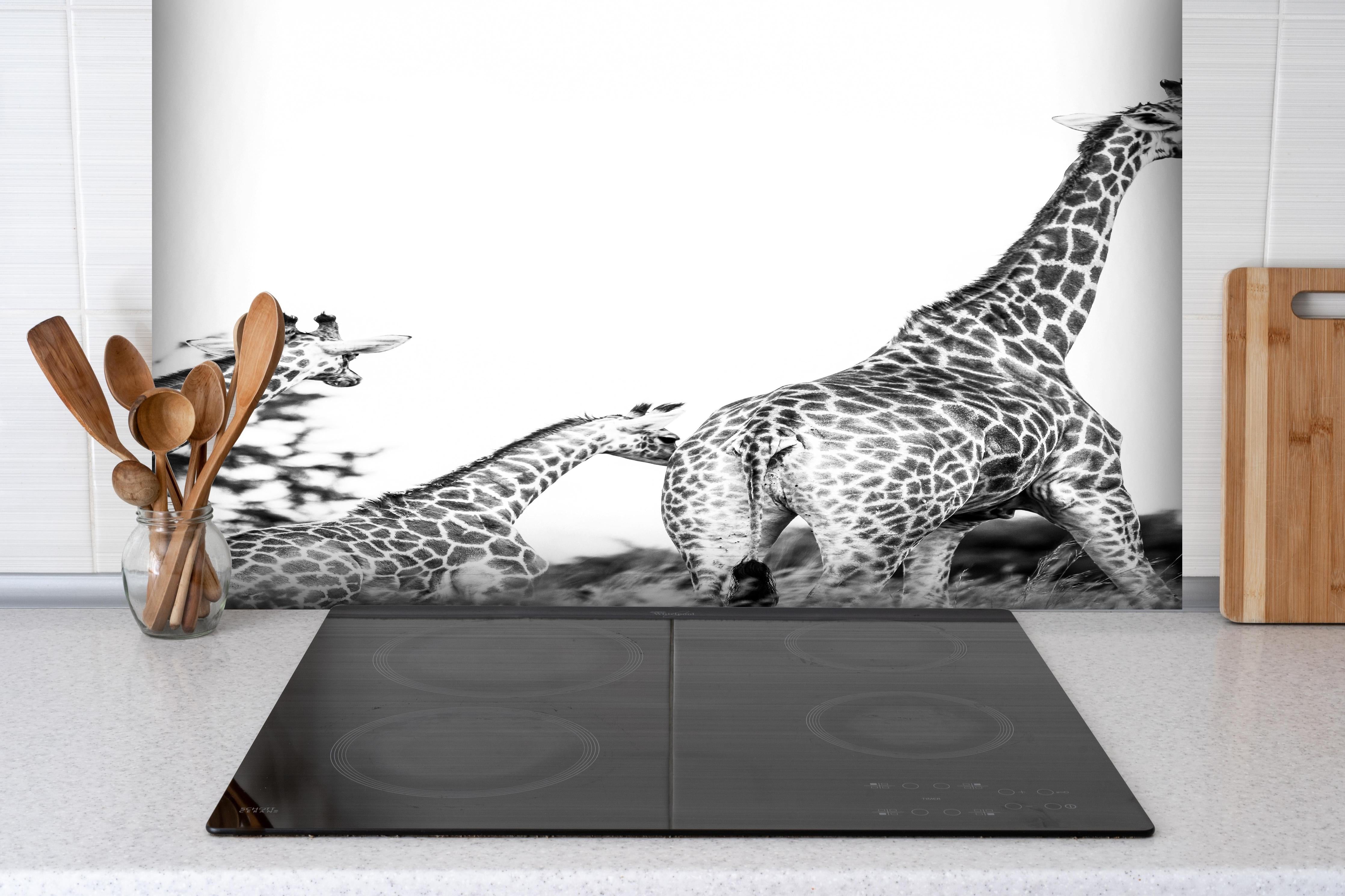 Spritzschutz - Giraffen Familie - schwarz-weiß hinter einem Cerankochfeld zwischen Holz-Kochutensilien