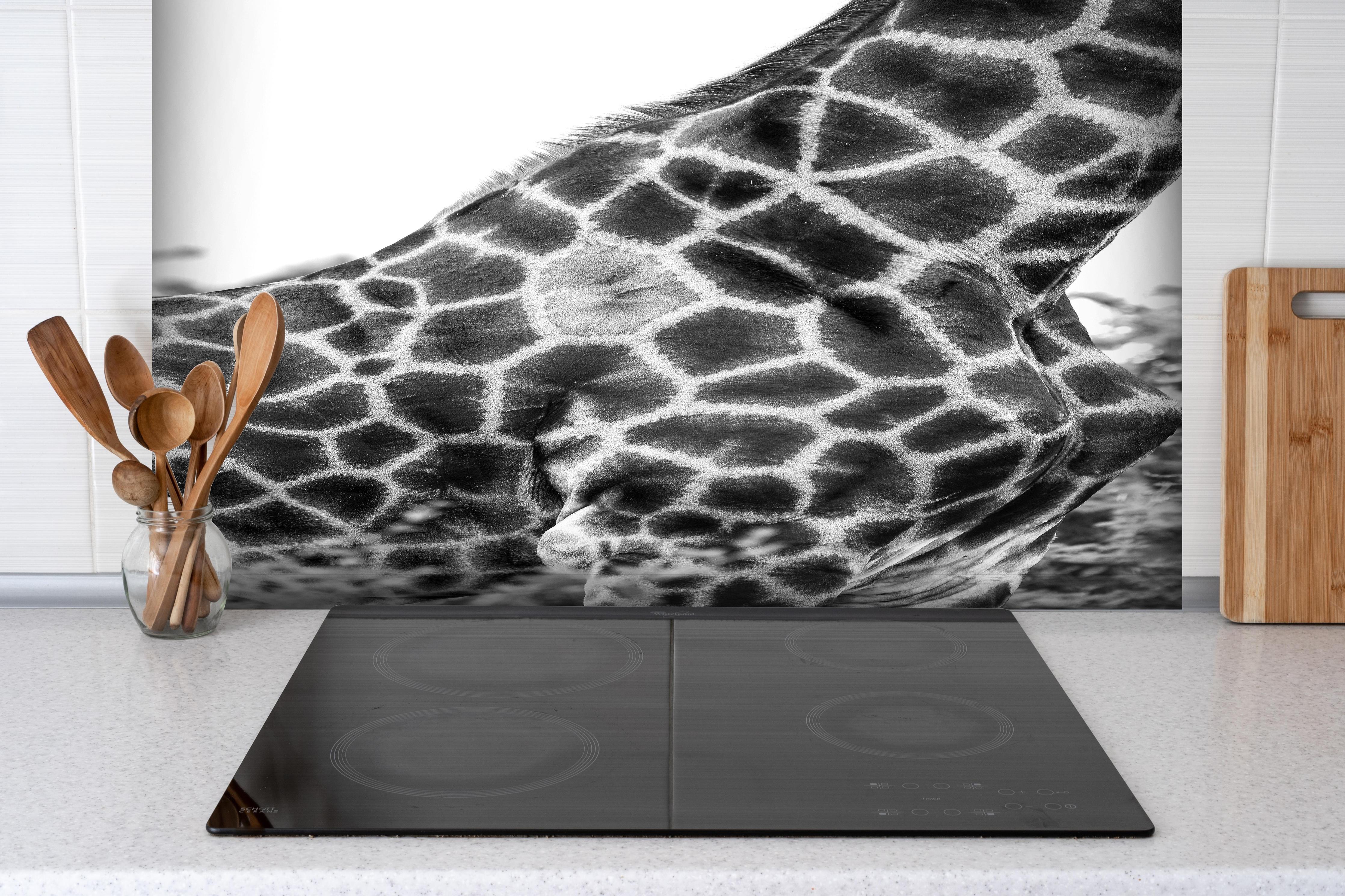 Spritzschutz - Giraffen Oberkörper hinter einem Cerankochfeld zwischen Holz-Kochutensilien