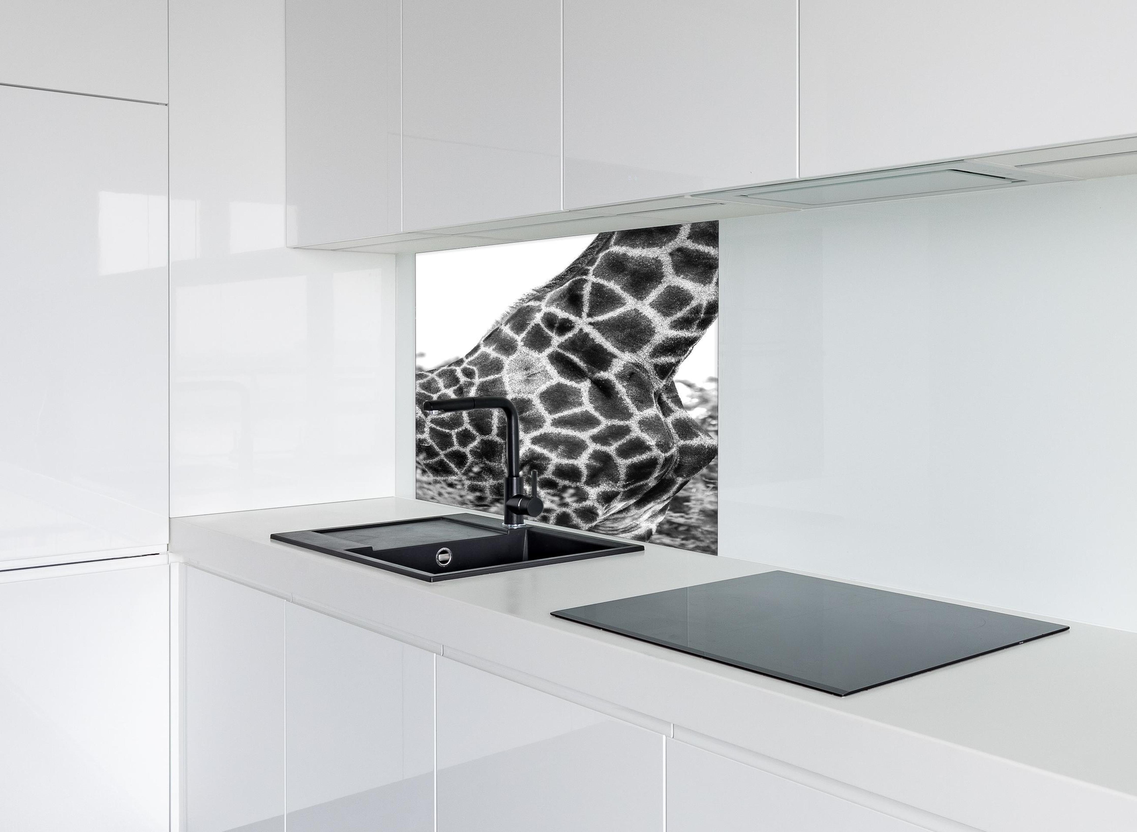 Spritzschutz - Giraffen Oberkörper hinter einem Cerankochfeld zwischen Holz-Kochutensilien