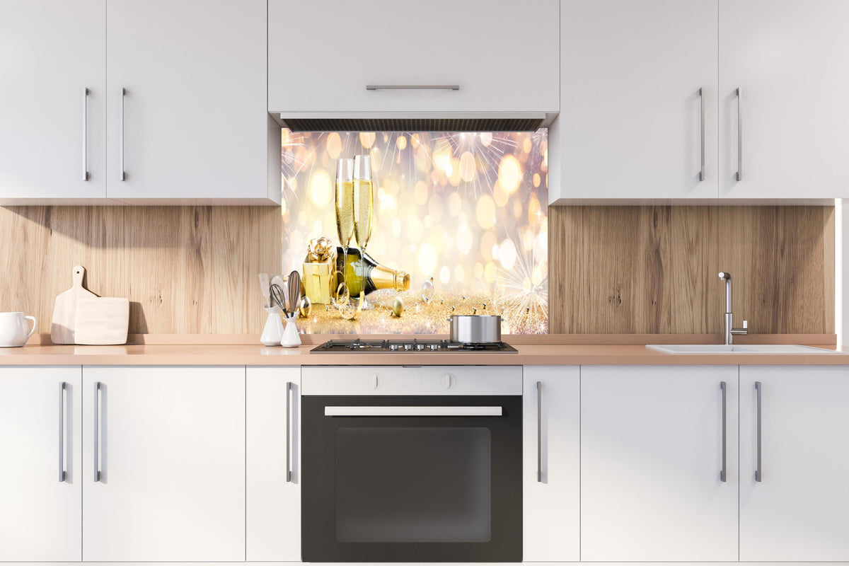 Spritzschutz - Glamouröse Gold-Champagner-Feier hinter einem Cerankochfeld zwischen Holz-Kochutensilien