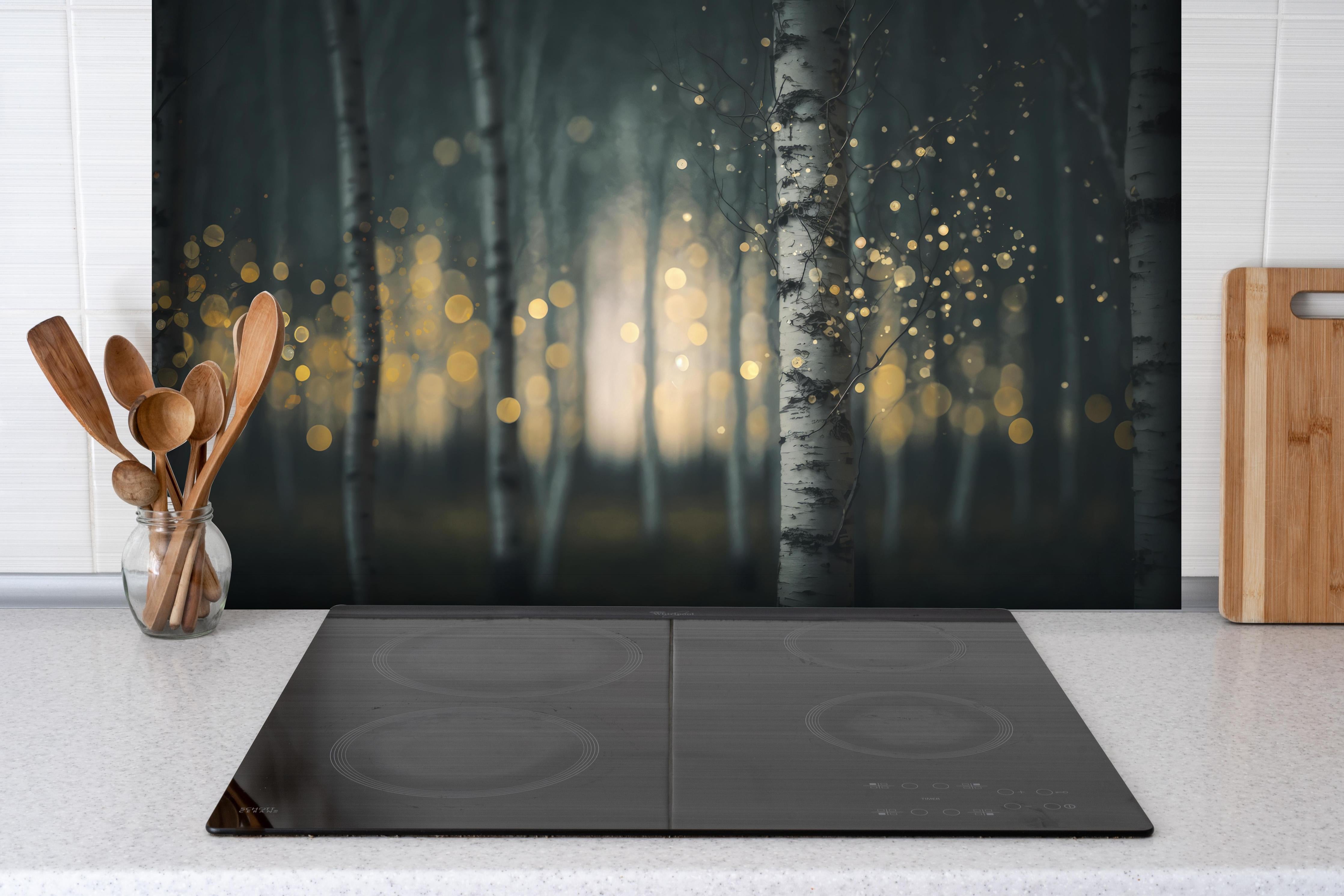 Spritzschutz - Glühender Magischer Wald hinter einem Cerankochfeld zwischen Holz-Kochutensilien