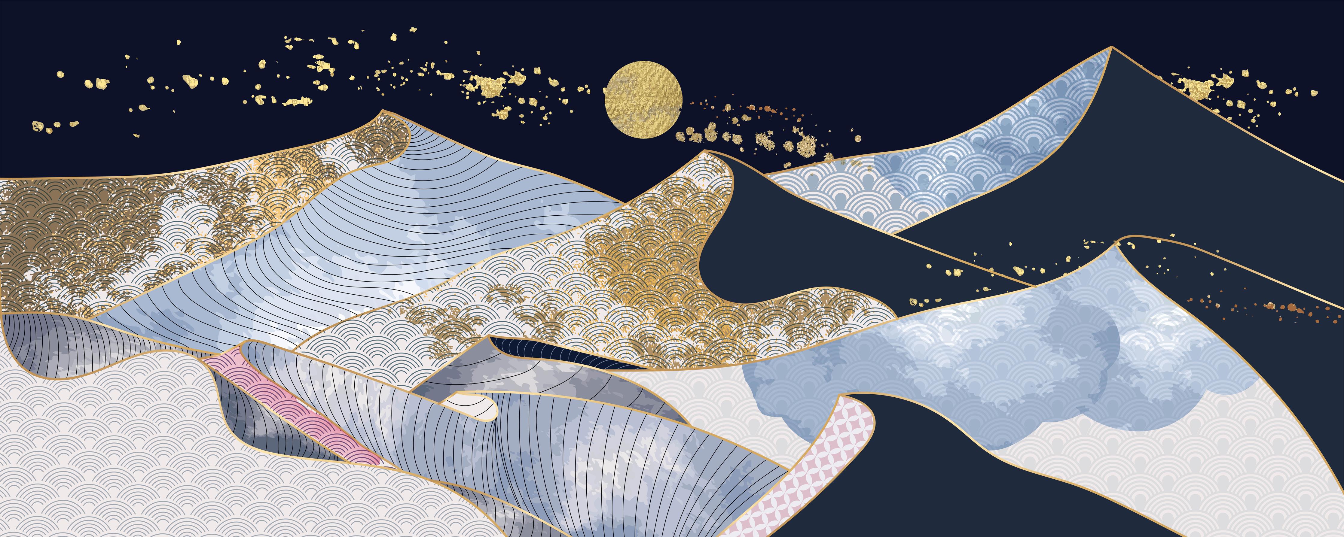 Spritzschutz-Goldene Wellen Kunstwerk mit Mond