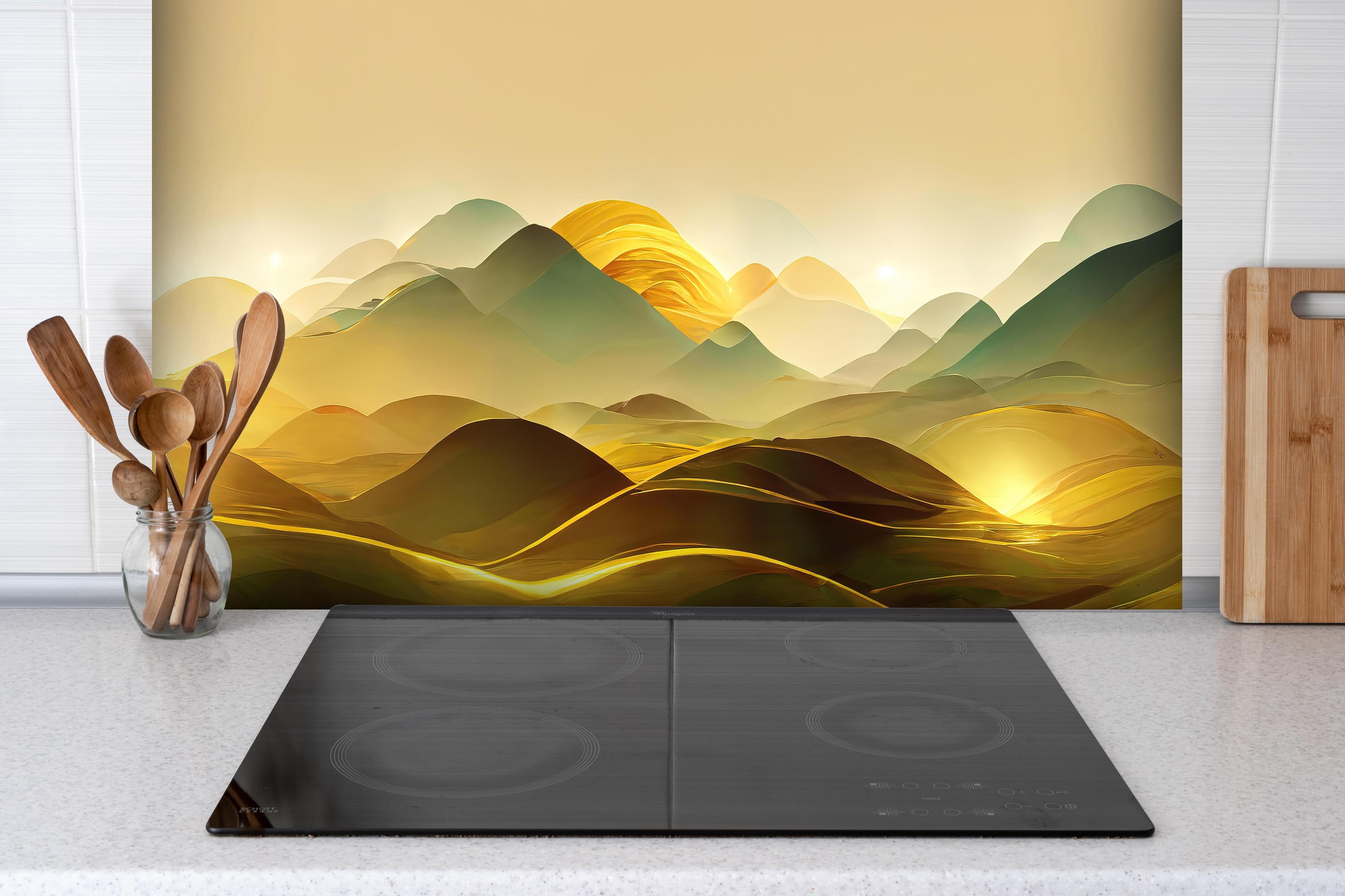Spritzschutz - Goldene Wüste - Illustration hinter einem Cerankochfeld zwischen Holz-Kochutensilien