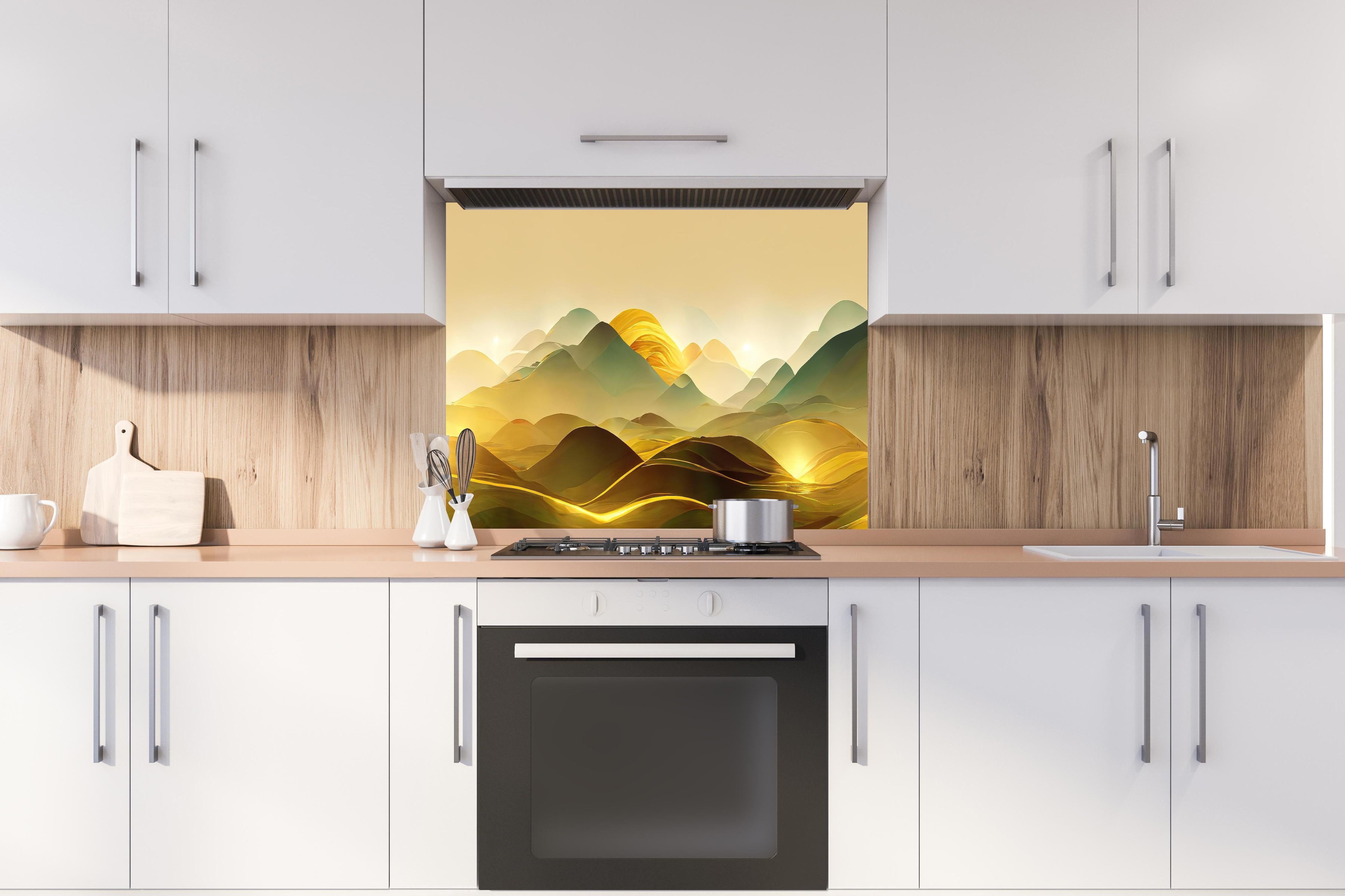 Spritzschutz - Goldene Wüste - Illustration hinter einem Cerankochfeld zwischen Holz-Kochutensilien