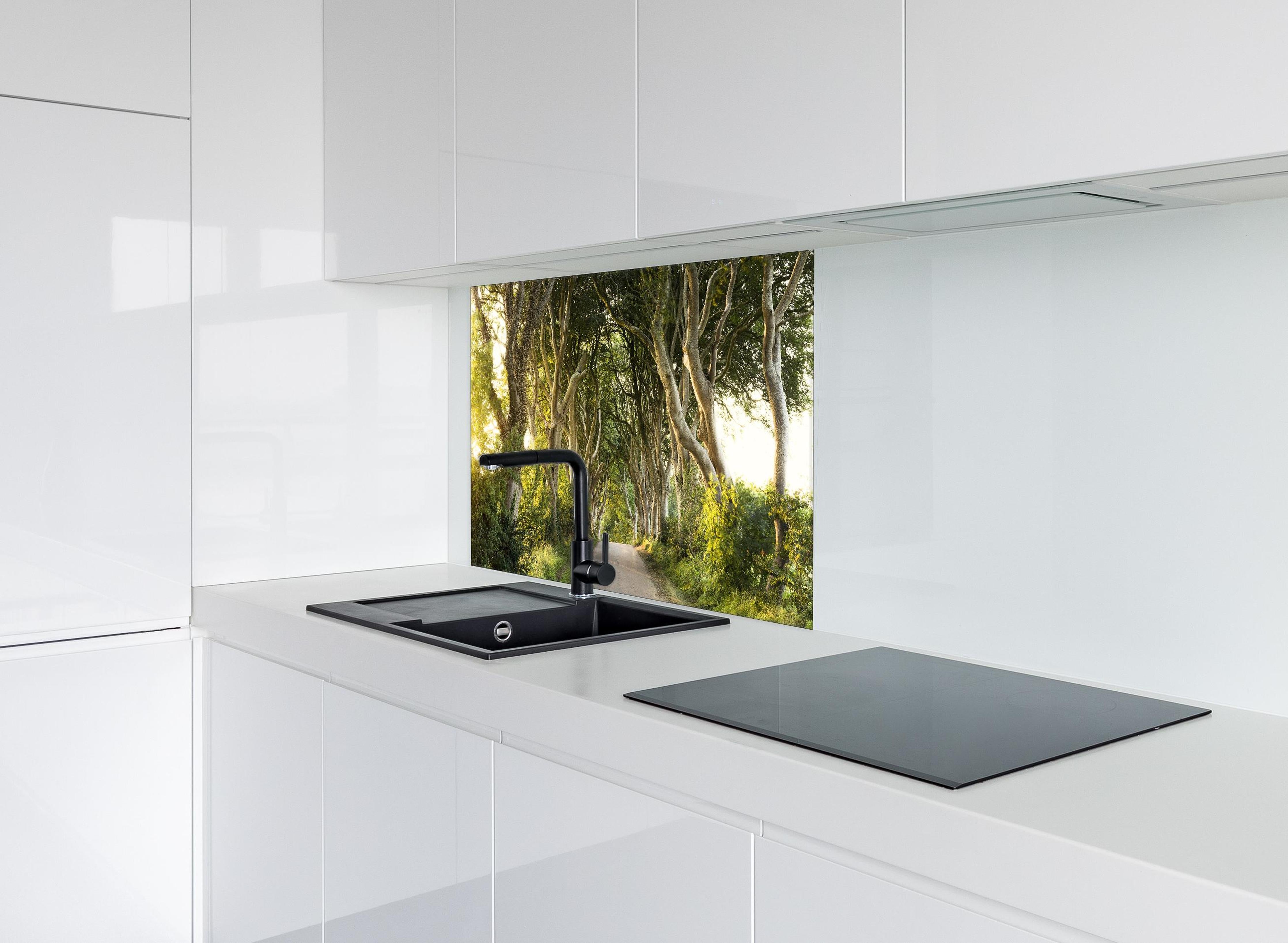 Spritzschutz - Goldener Weg im Wald hinter einem Cerankochfeld zwischen Holz-Kochutensilien