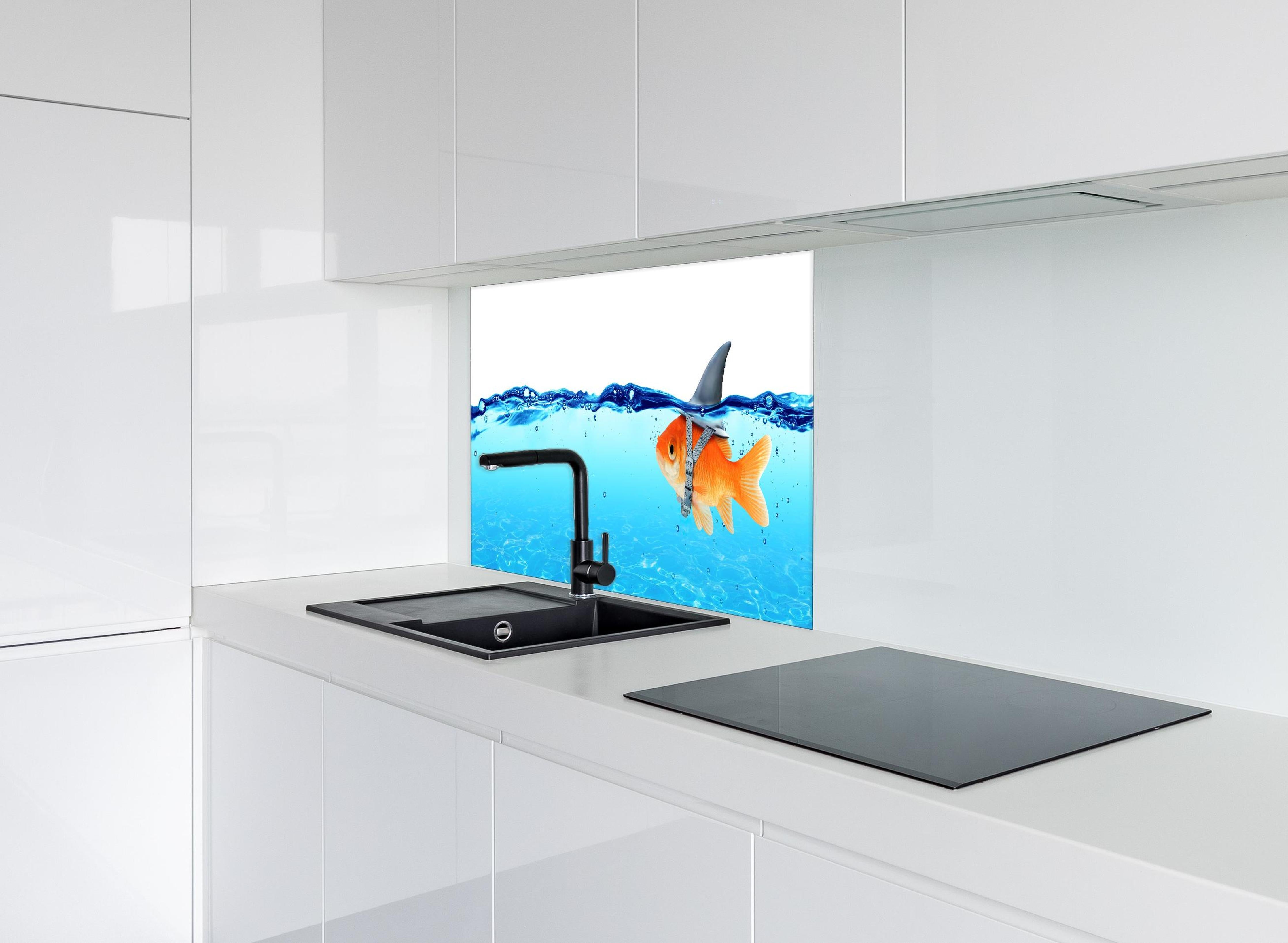 Spritzschutz - Goldfisch als Hai hinter einem Cerankochfeld zwischen Holz-Kochutensilien