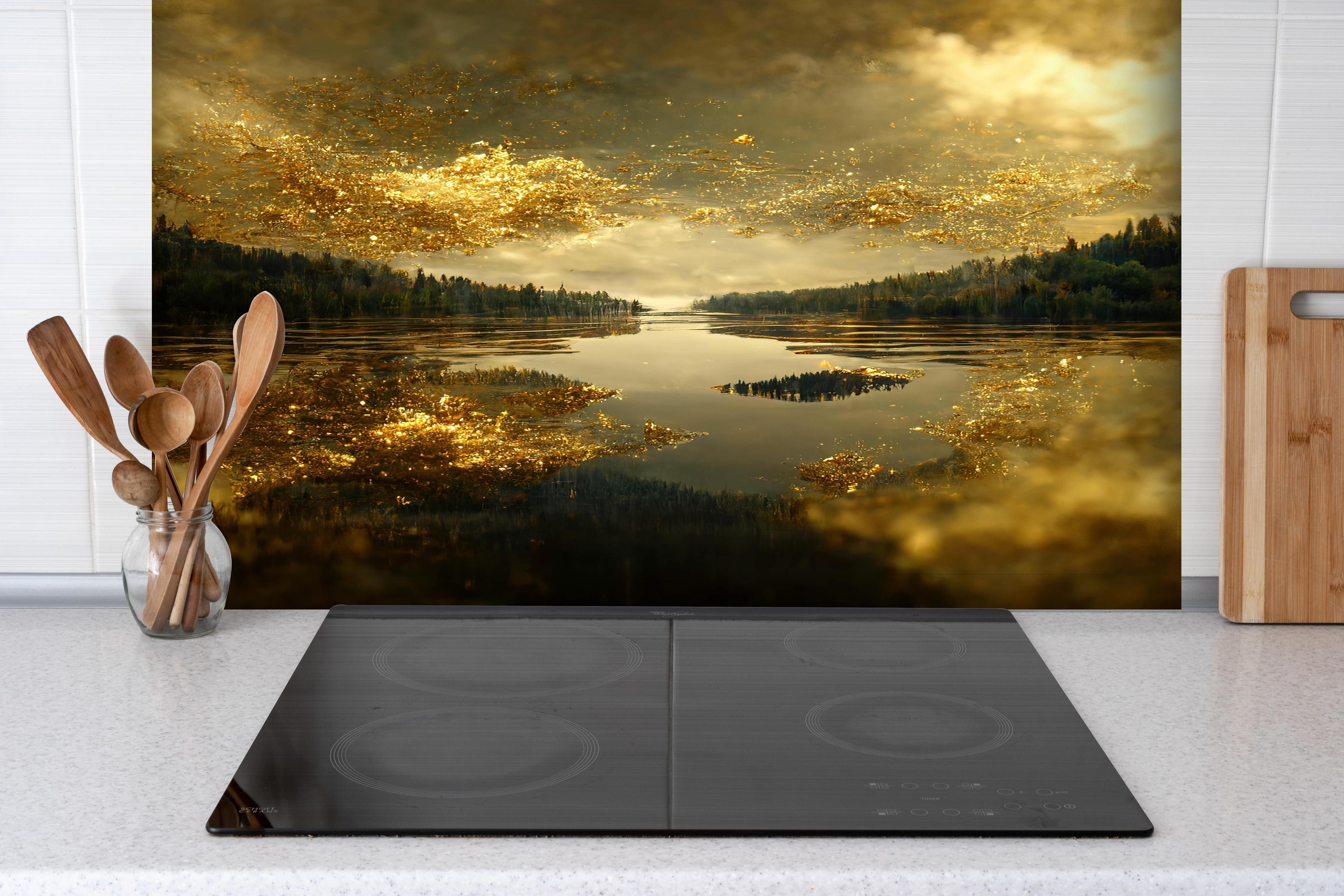 Spritzschutz - Goldstaub über Fluss hinter einem Cerankochfeld zwischen Holz-Kochutensilien