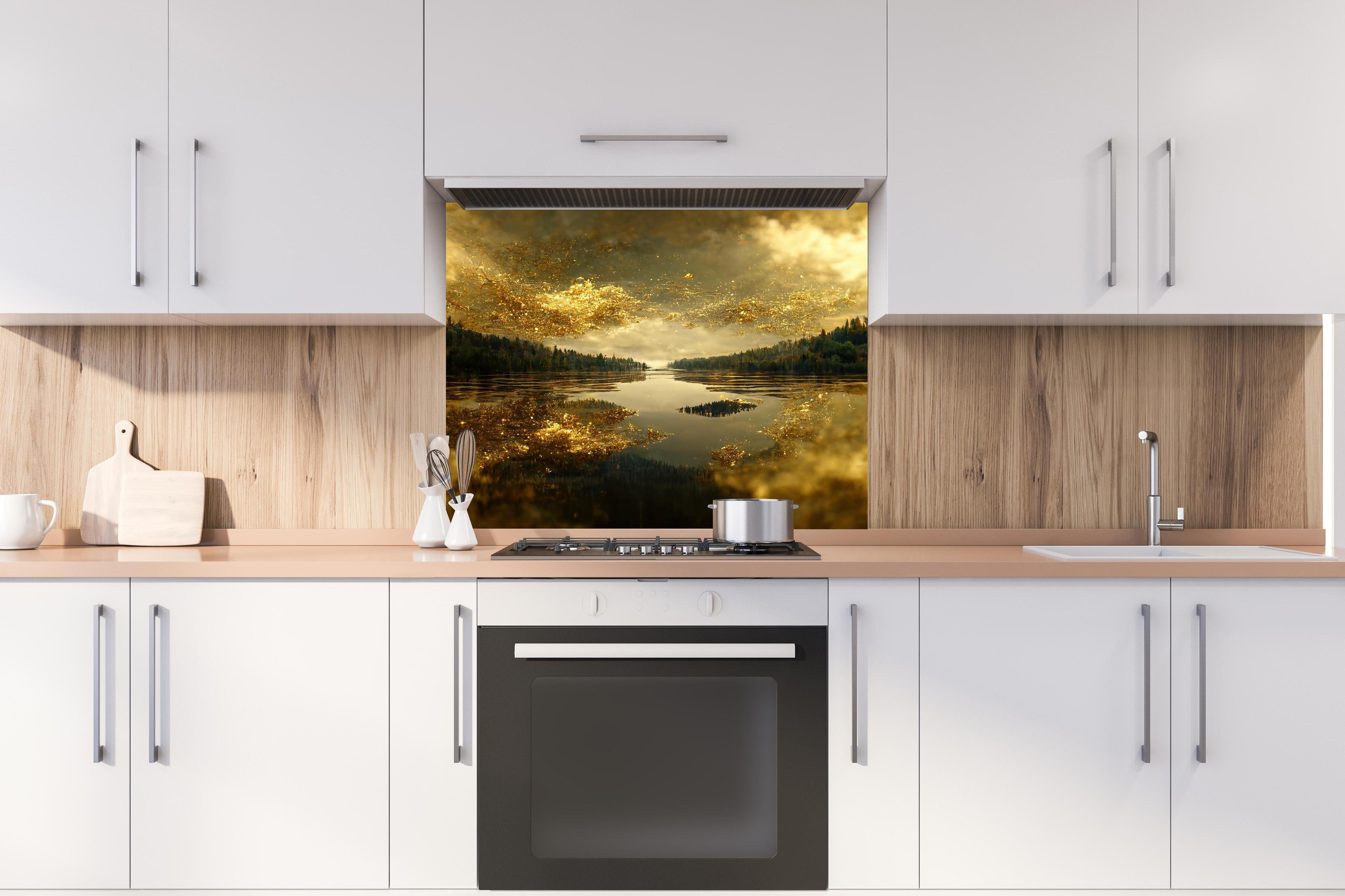 Spritzschutz - Goldstaub über Fluss hinter einem Cerankochfeld zwischen Holz-Kochutensilien