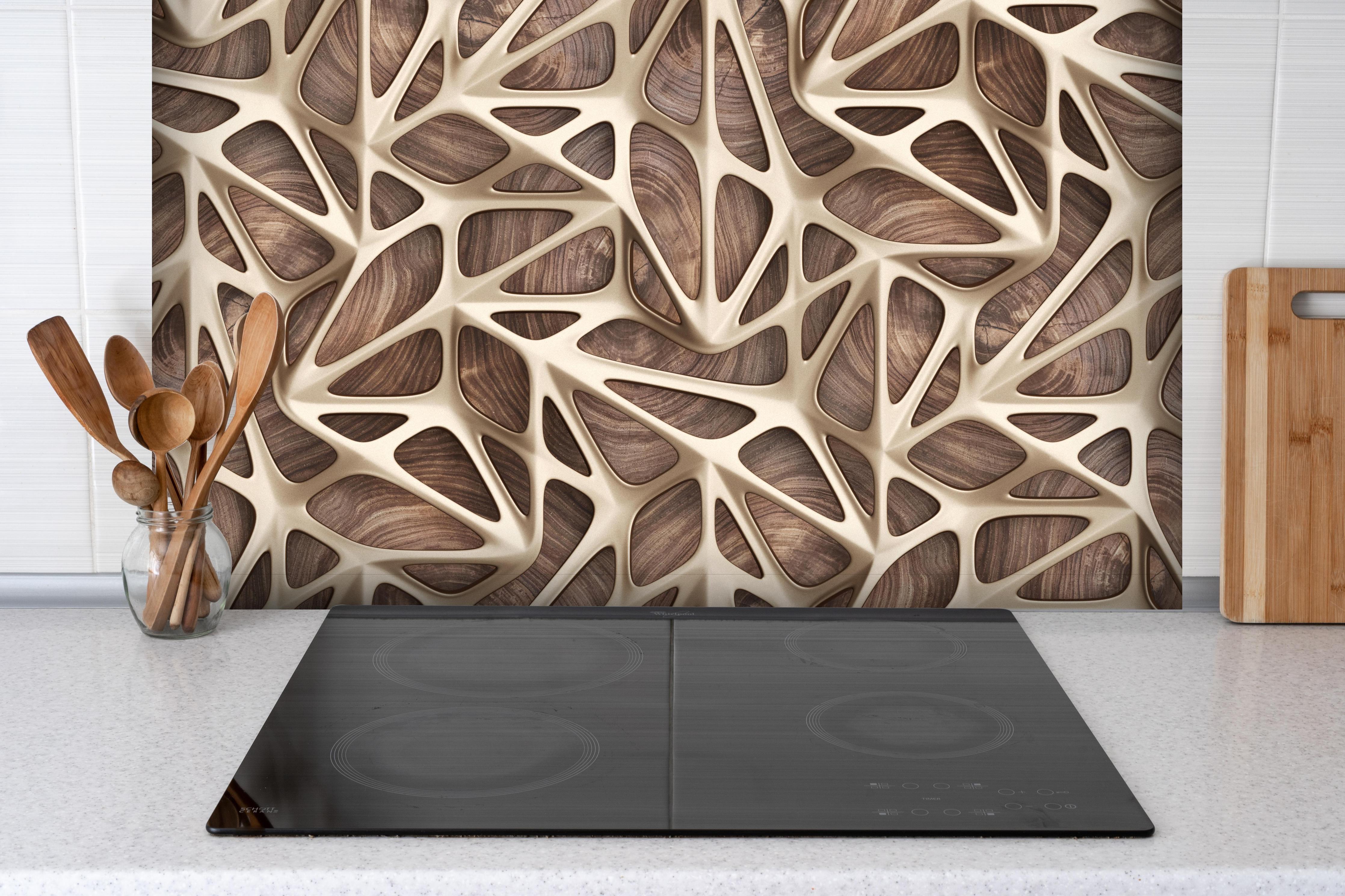 Spritzschutz - Gräuliches Gitter Muster hinter einem Cerankochfeld zwischen Holz-Kochutensilien