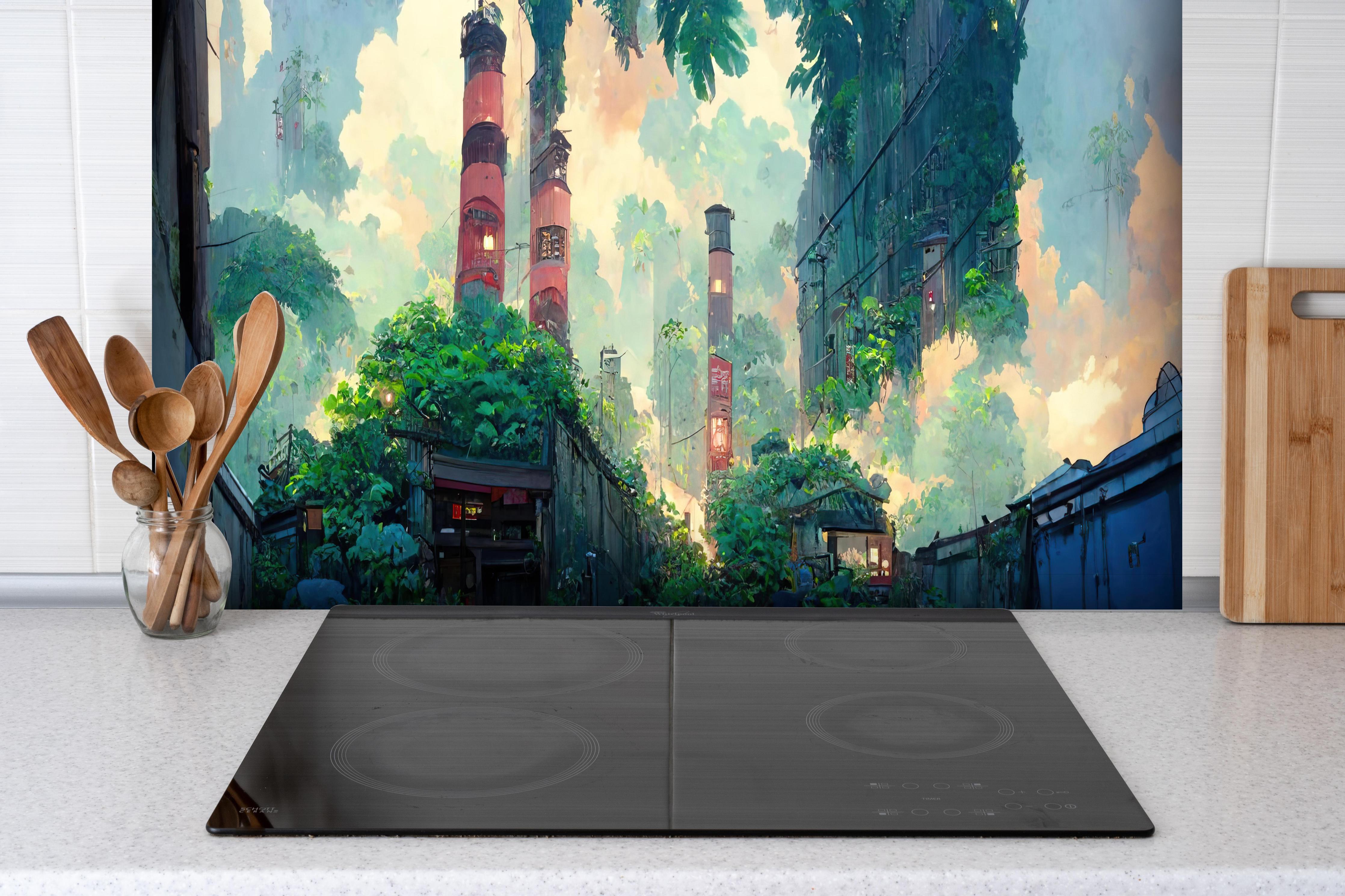 Spritzschutz - Graffiti in der Stadt hinter einem Cerankochfeld zwischen Holz-Kochutensilien