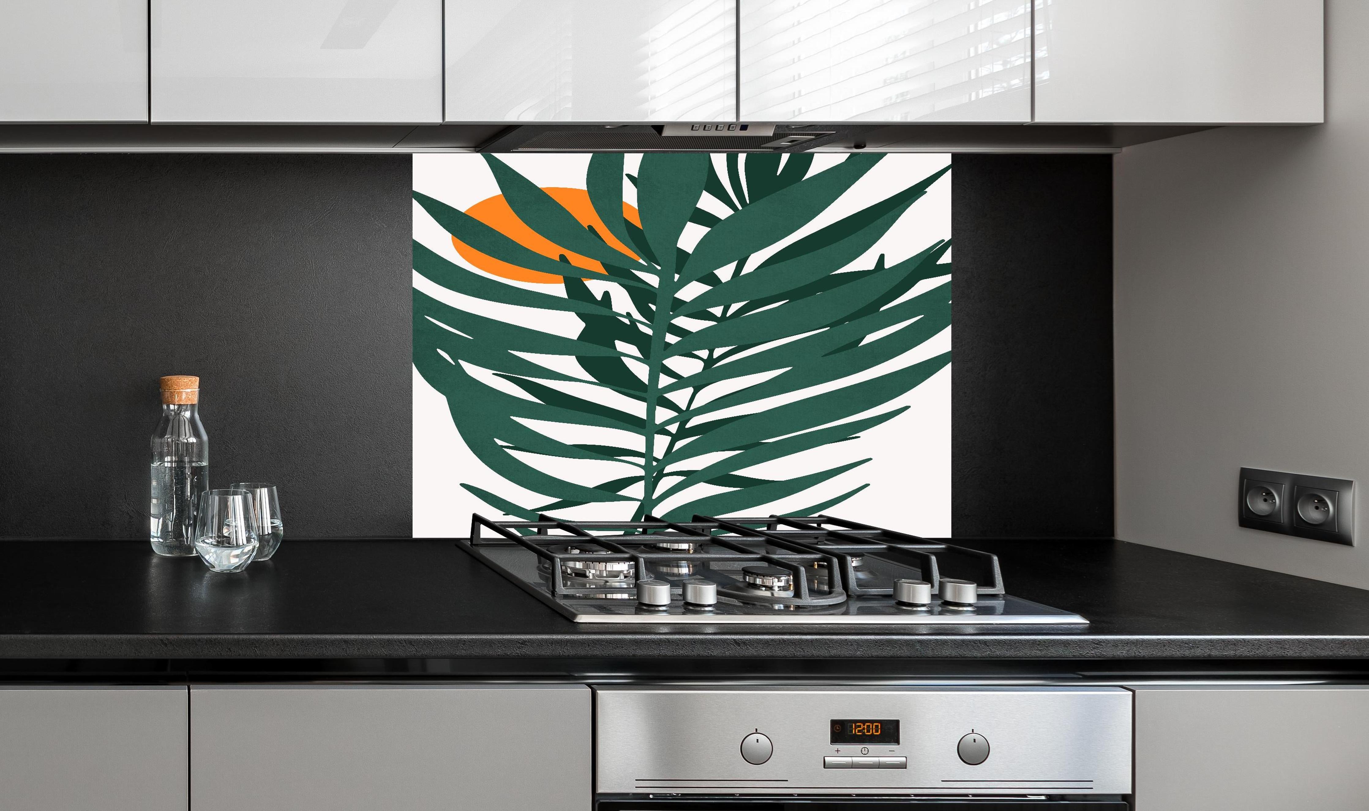 Spritzschutz - Grafik einer Pflanze hinter einem Cerankochfeld zwischen Holz-Kochutensilien