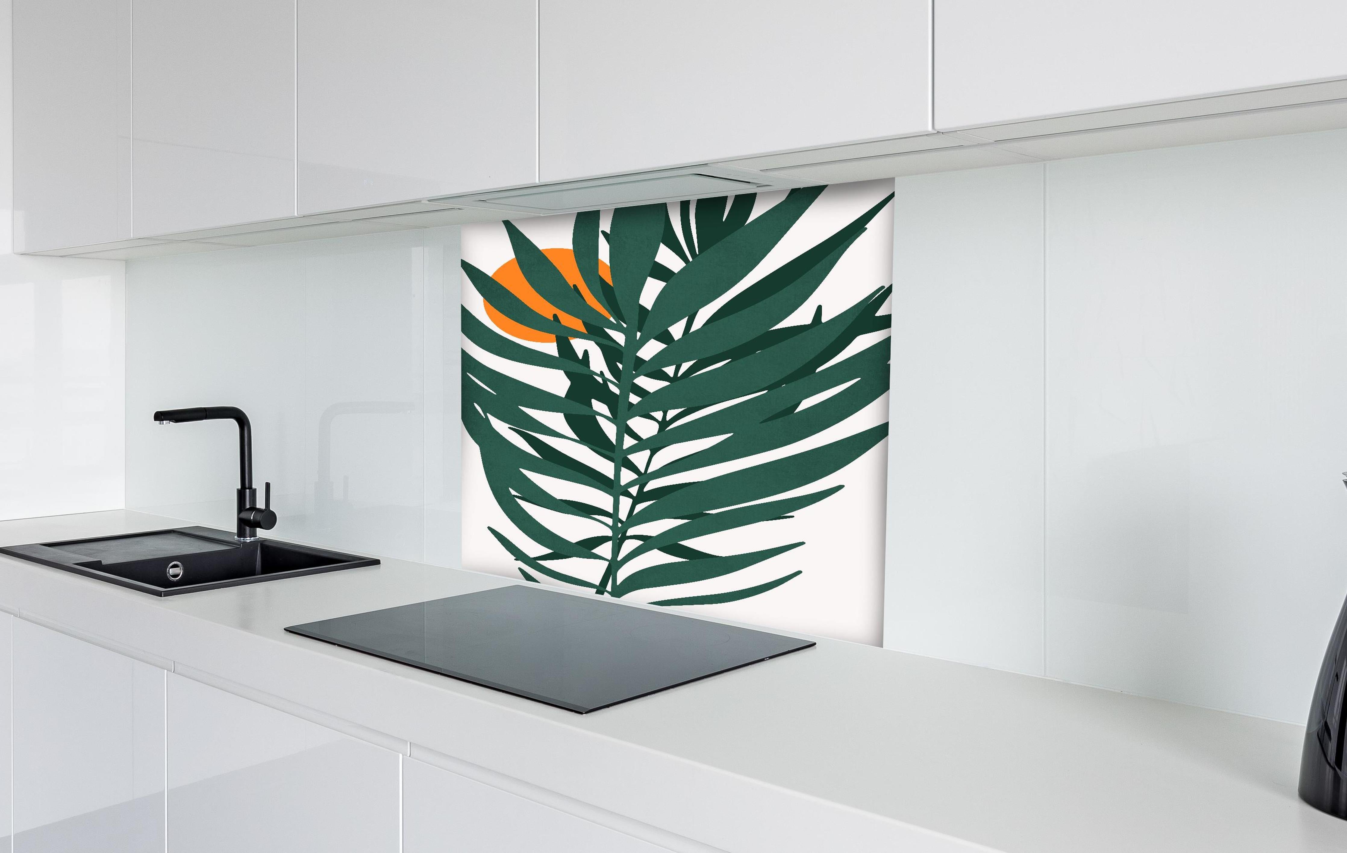 Spritzschutz - Grafik einer Pflanze hinter einem Cerankochfeld zwischen Holz-Kochutensilien