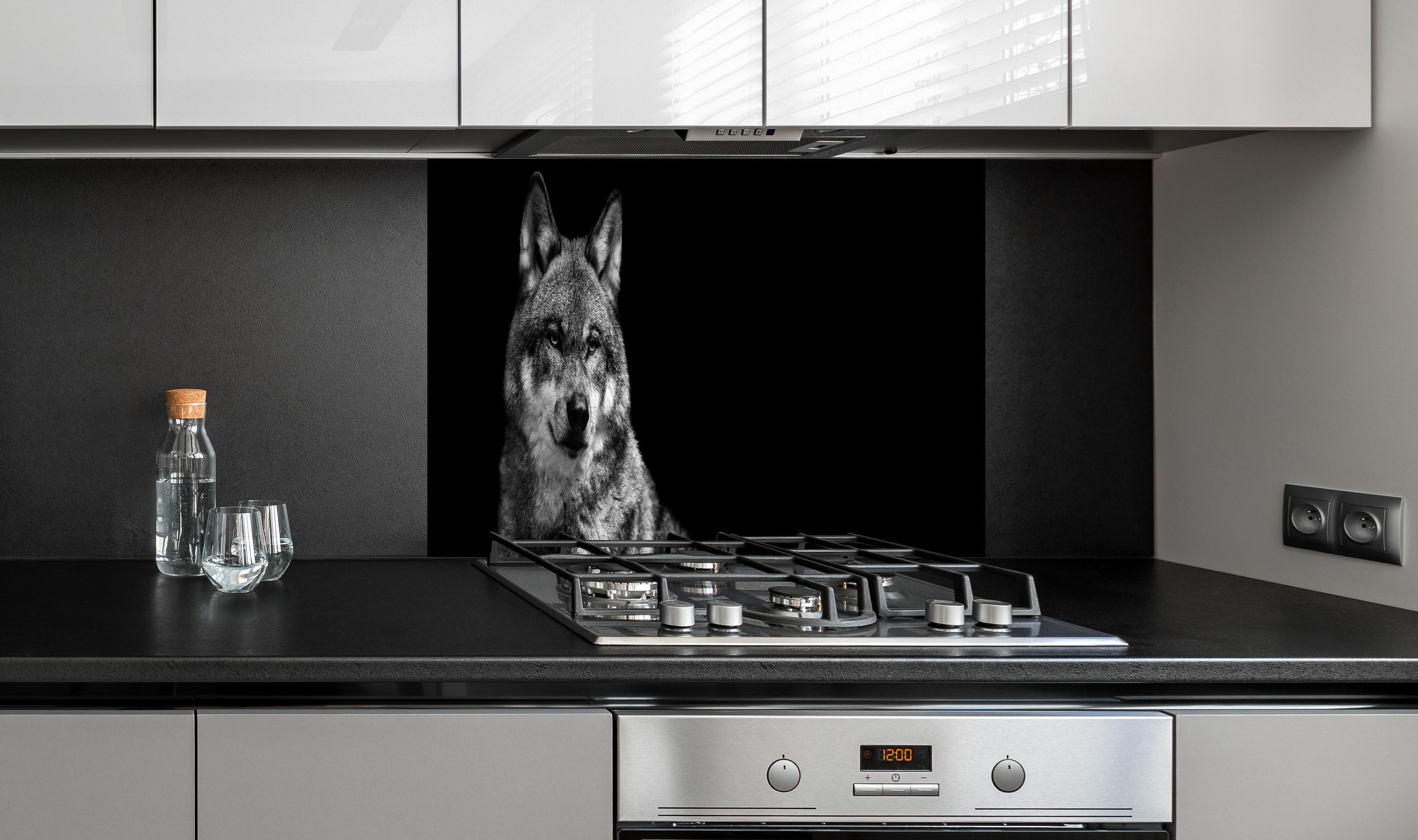 Spritzschutz - Grauer Wolf auf schwarzem Hintergrund hinter einem Cerankochfeld zwischen Holz-Kochutensilien