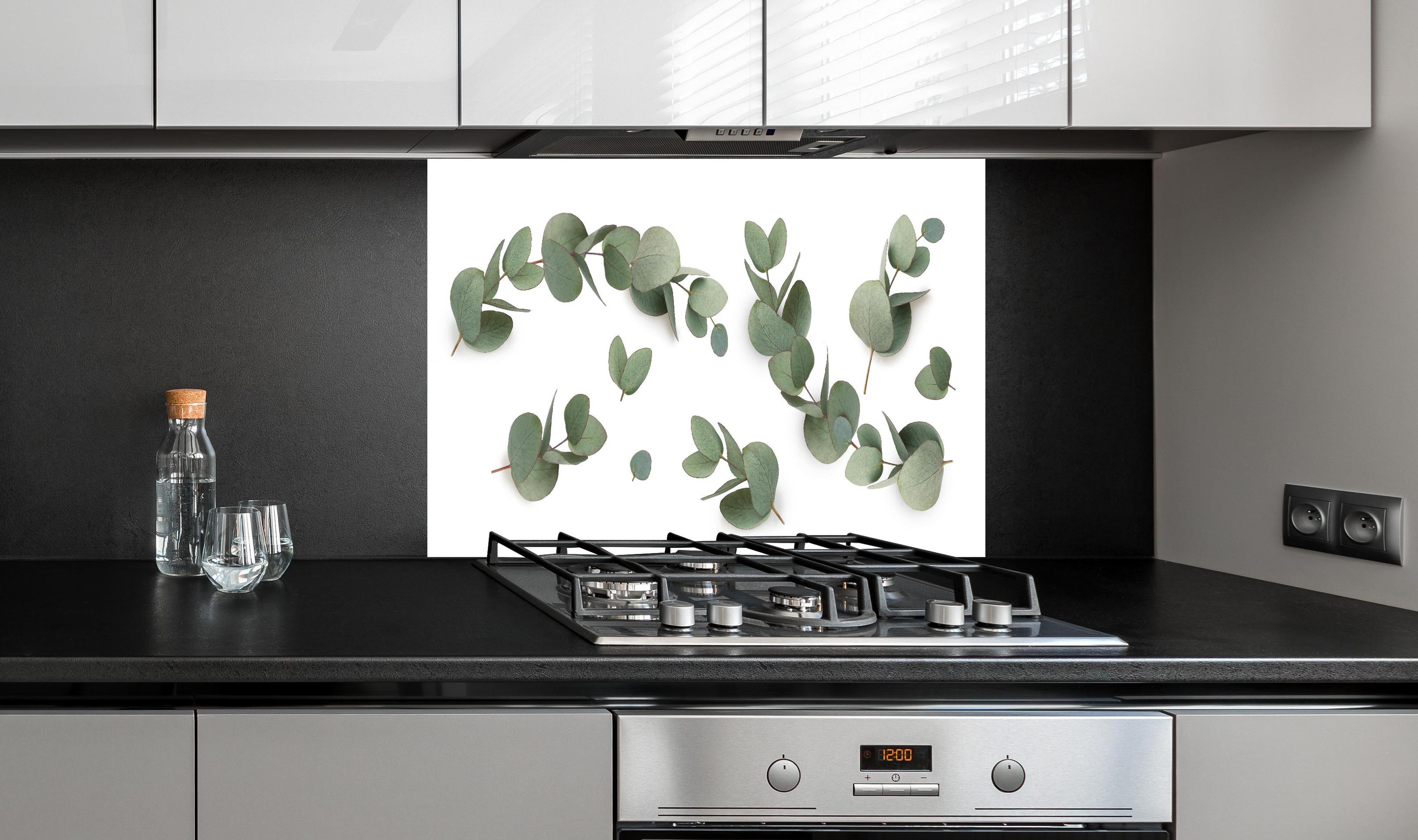 Spritzschutz - Grüne Eukalyptus Blätter hinter einem Cerankochfeld zwischen Holz-Kochutensilien