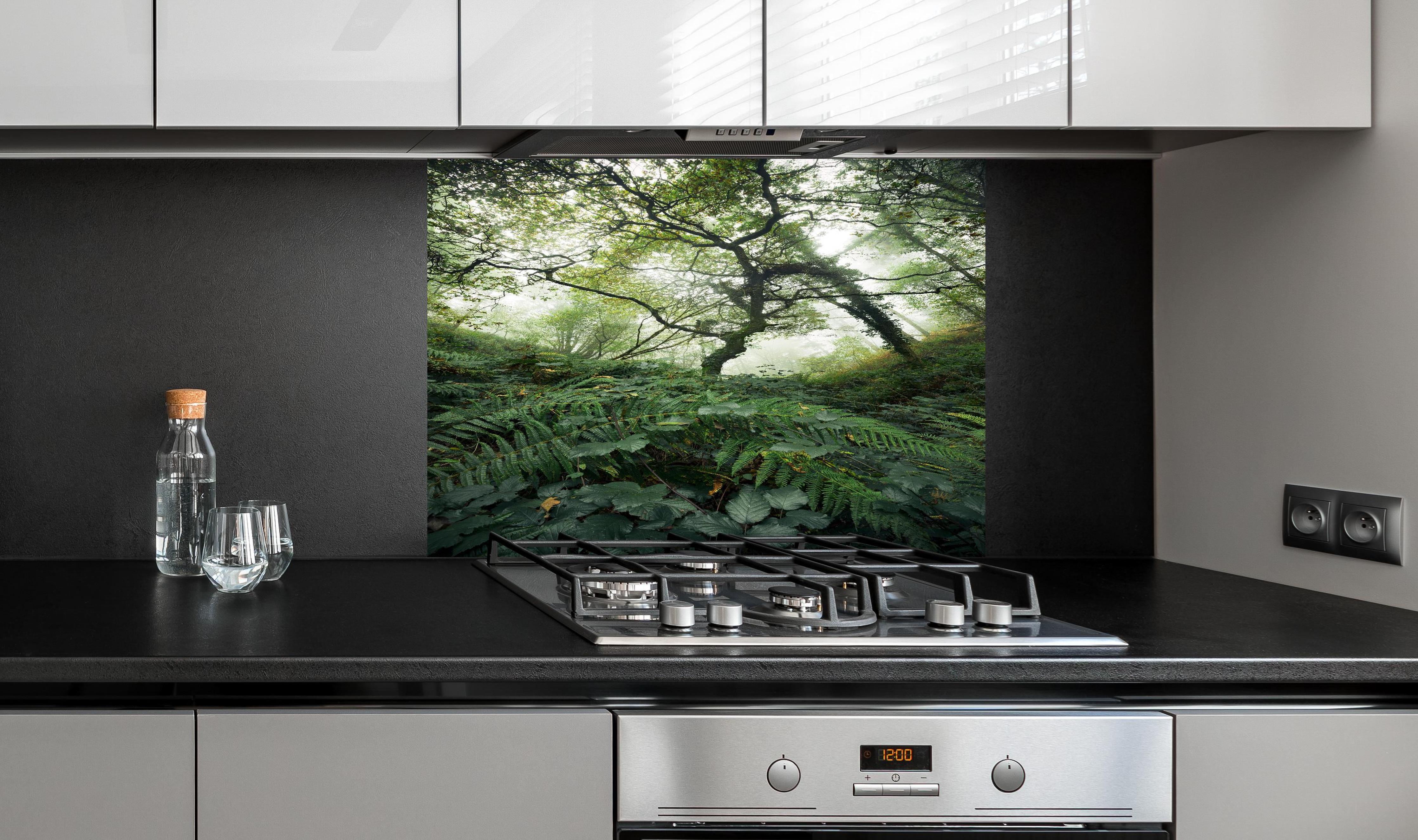 Spritzschutz - Grüner Nebelwald mit Herbstlaub hinter einem Cerankochfeld zwischen Holz-Kochutensilien