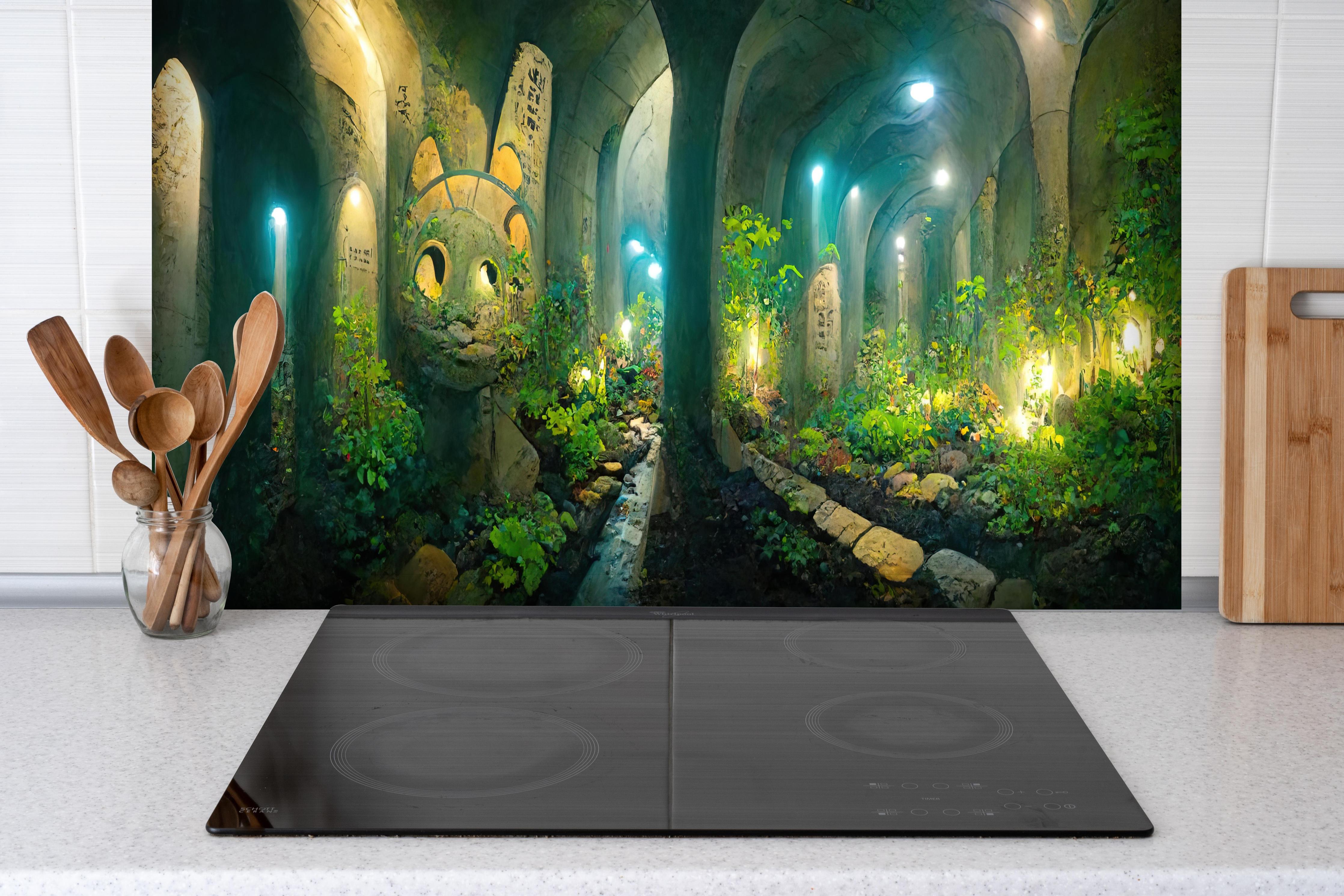 Spritzschutz - Grüner Wald im Tunnel hinter einem Cerankochfeld zwischen Holz-Kochutensilien