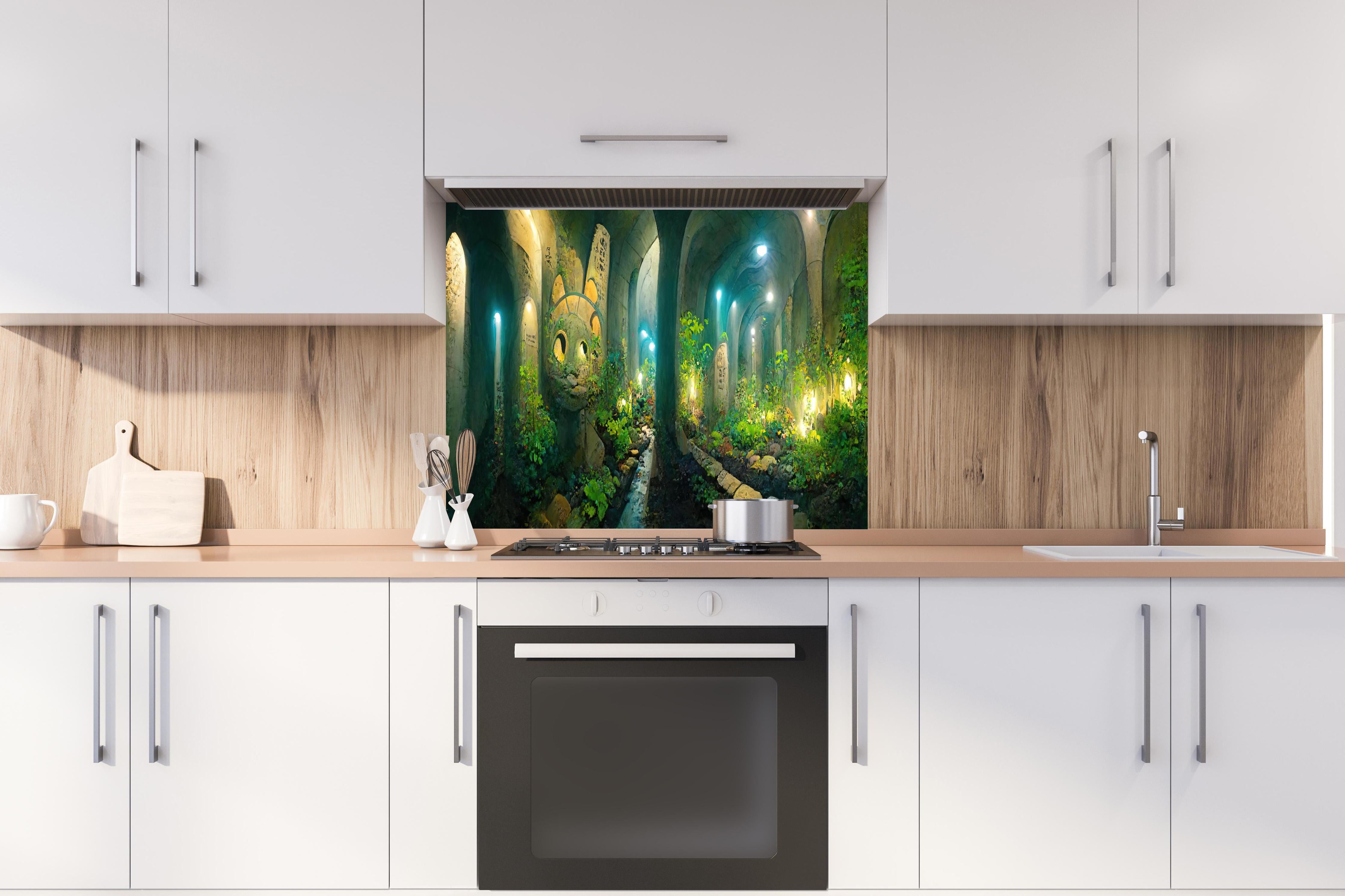 Spritzschutz - Grüner Wald im Tunnel hinter einem Cerankochfeld zwischen Holz-Kochutensilien