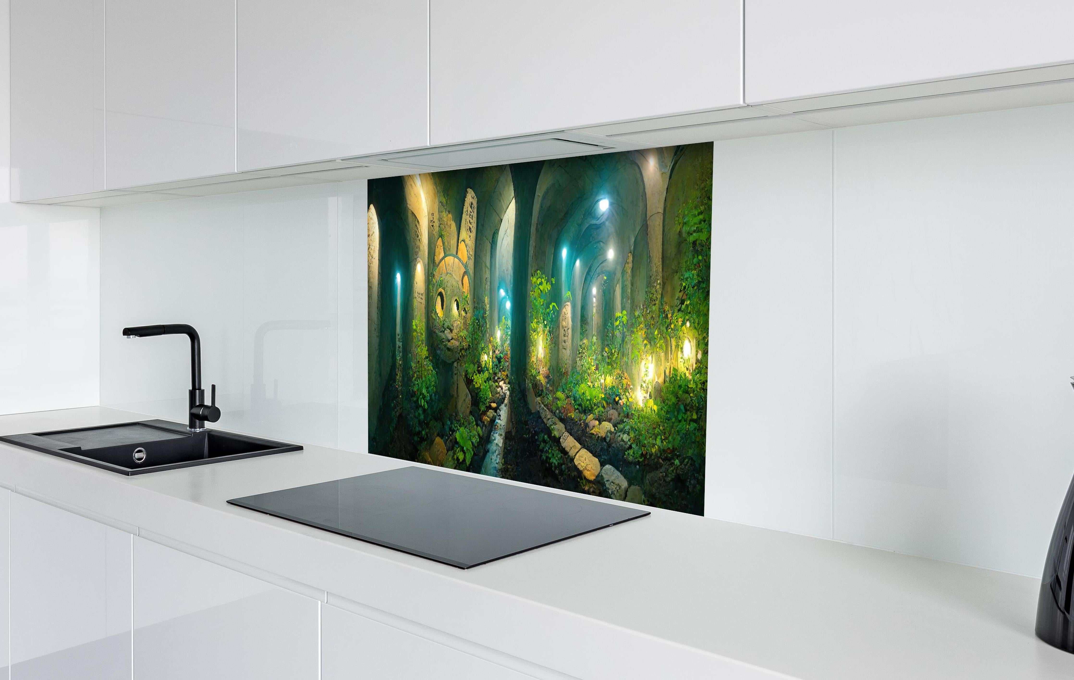 Spritzschutz - Grüner Wald im Tunnel hinter einem Cerankochfeld zwischen Holz-Kochutensilien