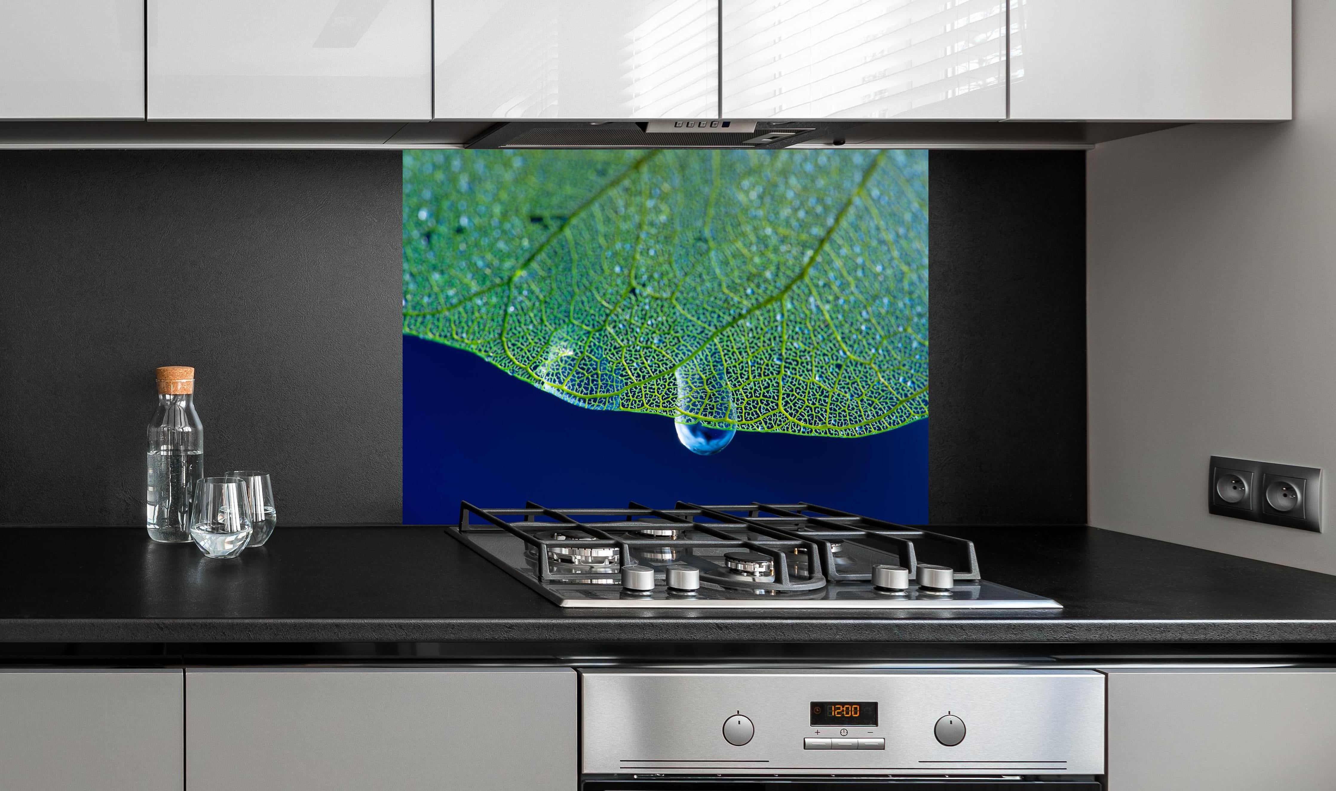 Spritzschutz - Grünes Blatt Makro mit Wassertropfen hinter einem Cerankochfeld zwischen Holz-Kochutensilien