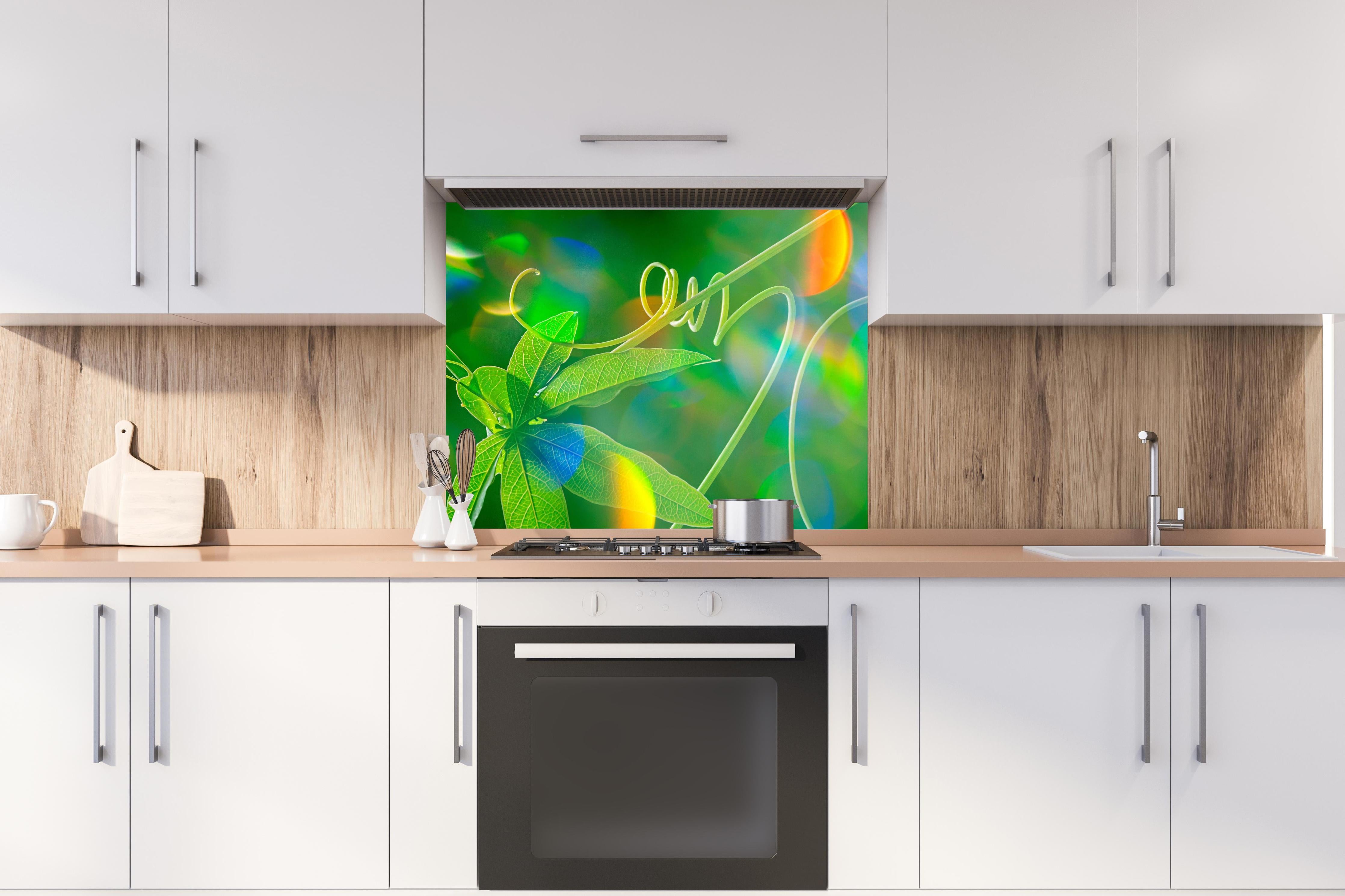 Spritzschutz - Grünes Blatt vor dunklem Hintergrund hinter einem Cerankochfeld zwischen Holz-Kochutensilien
